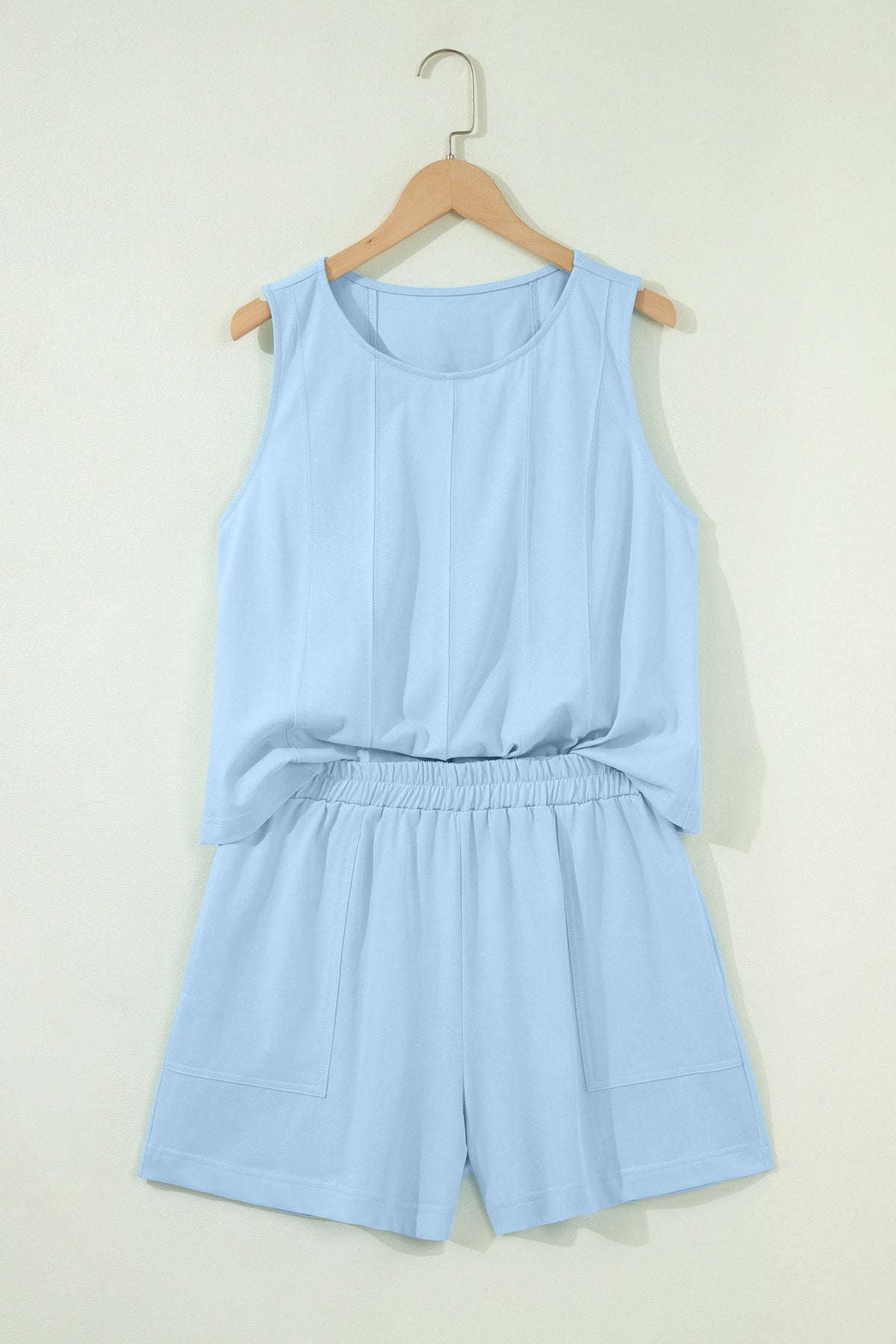 Beige Stitched Detail Loose Tank Top Cotton 2pcs Short Set