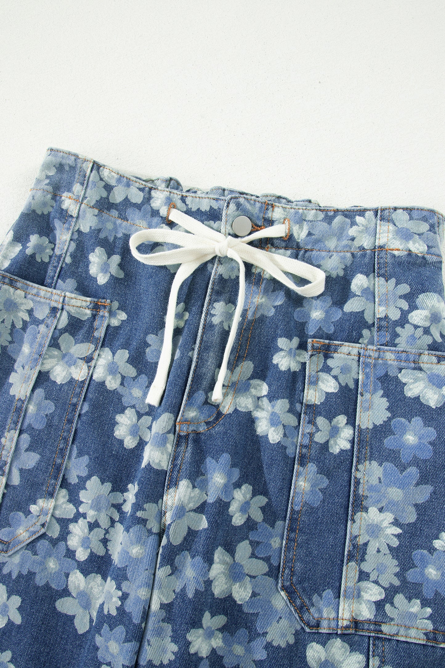 Sky Blue Dainty Floral Printed Drawstring Barrel Jeans