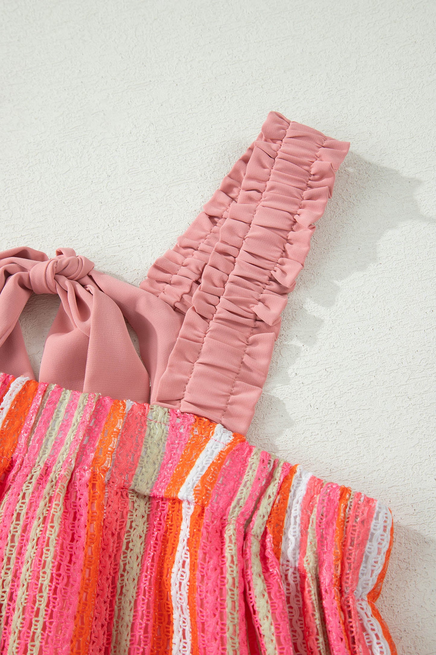 Pink Stripe Ruffled Straps Ribbon Knot Flowy Vacation Maxi Dress