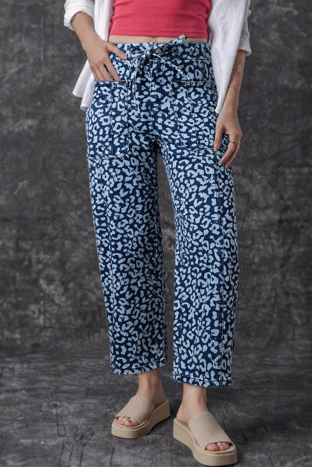 Leopard Printed Drawstring Elastic Waistband Pocketed Barrel Jeans- Khaki, Blue