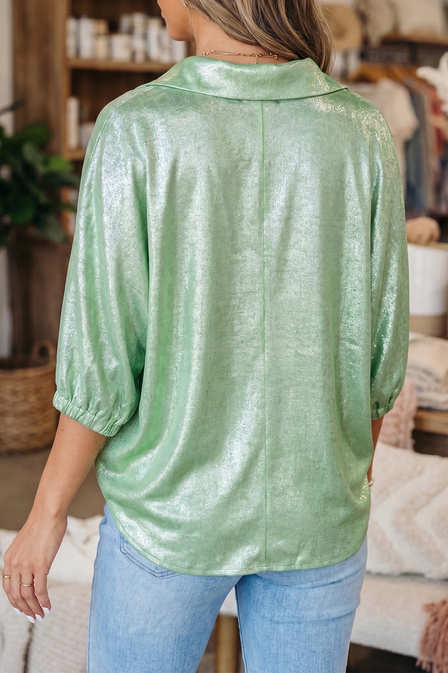 Strawberry Pink Collared V Neck Half Sleeve Metallic Top