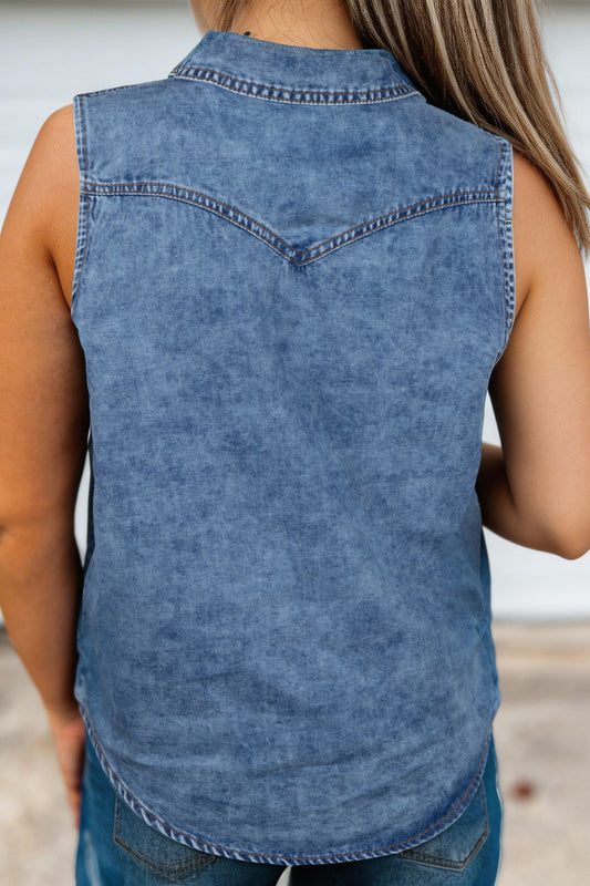 Dusk Blue Buttoned Front Collared Denim Sleeveless Top