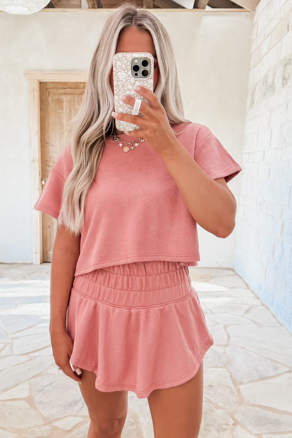 2pcs Cropped Tee and Ruffle High Waist Skort Set- Black, Beige, Blossom