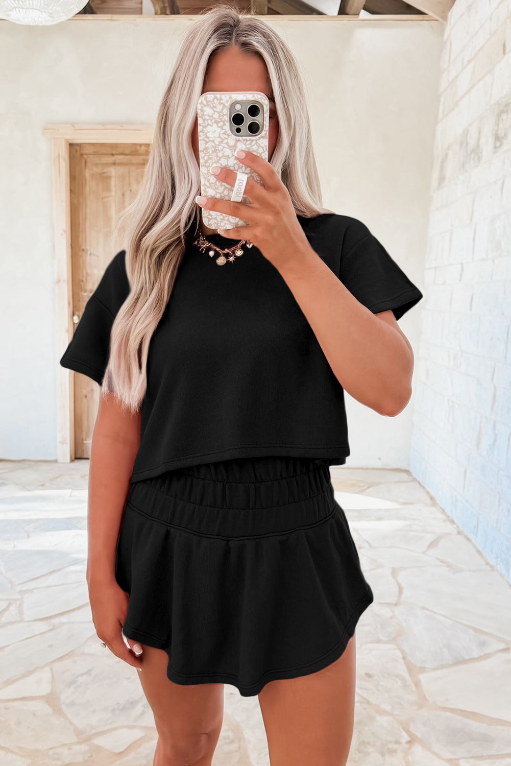 2pcs Cropped Tee and Ruffle High Waist Skort Set- Black, Beige, Blossom
