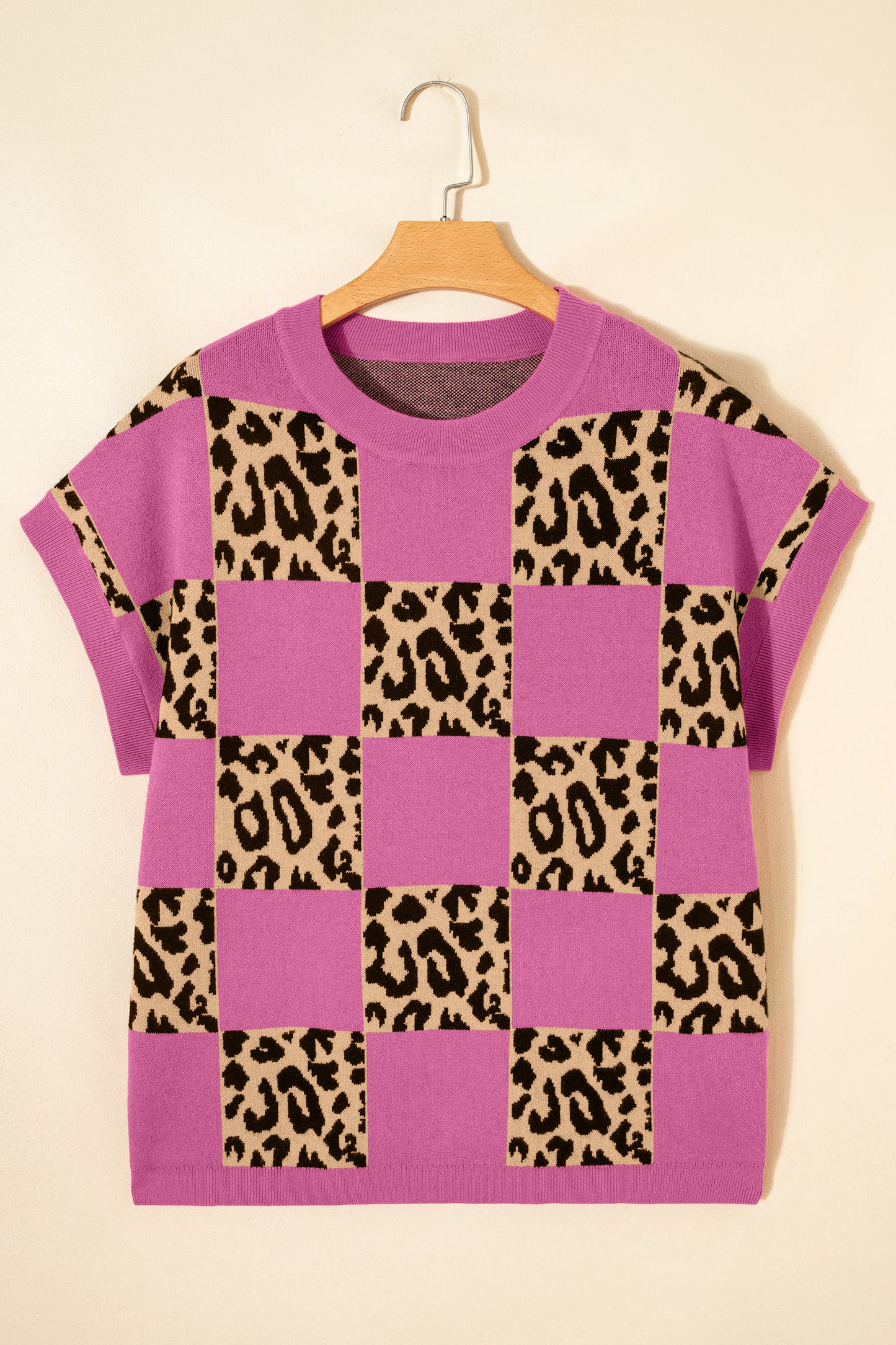 Red Leopard Checkerboard Short Sleeve Knit Sweater