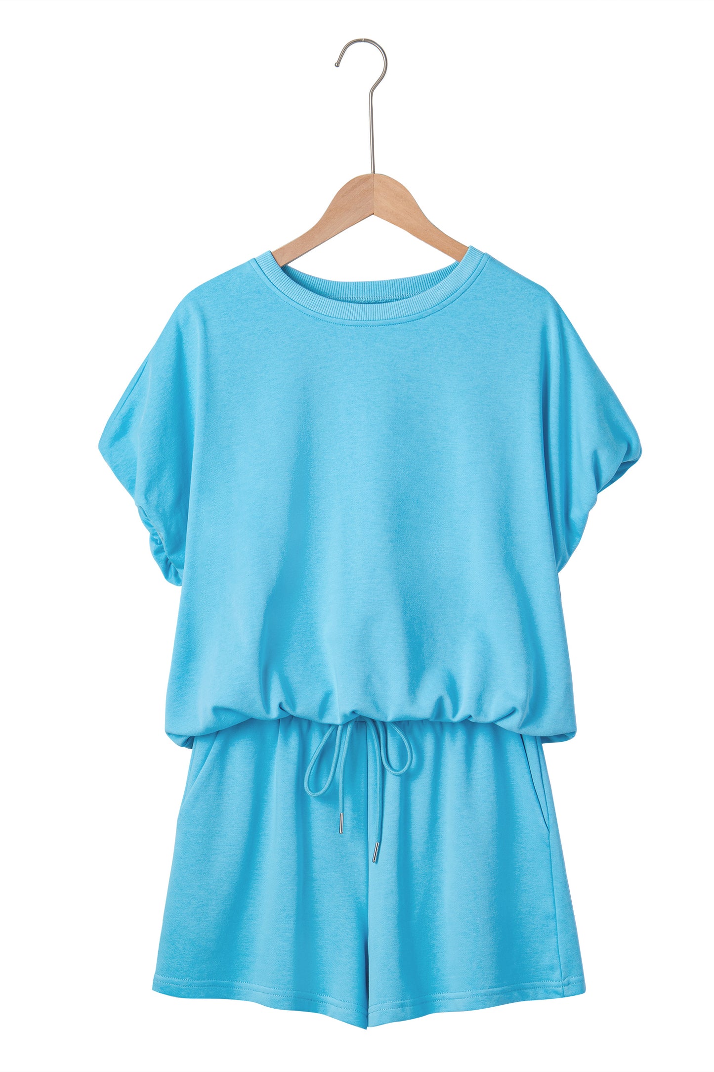 Green Solid Color Puffy Loose Top Drawstring Shorts 2pcs Outfit