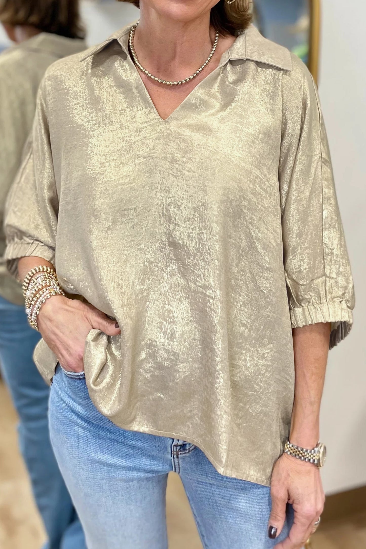 Strawberry Pink Collared V Neck Half Sleeve Metallic Top