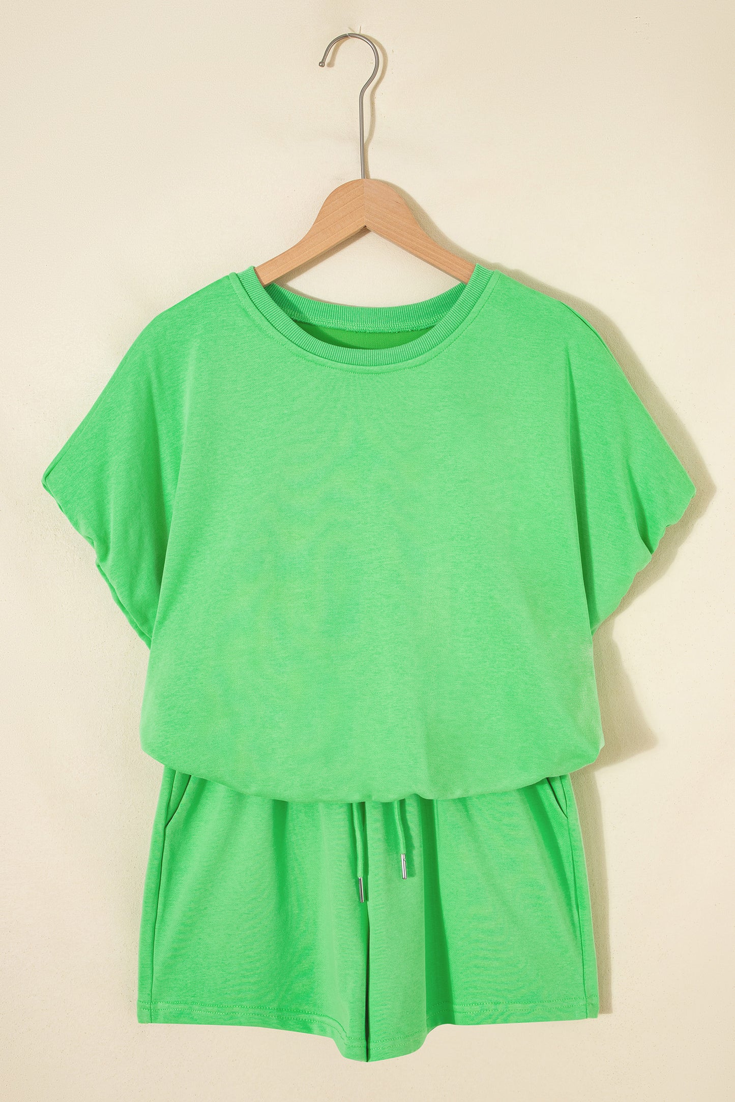 Green Solid Color Puffy Loose Top Drawstring Shorts 2pcs Outfit