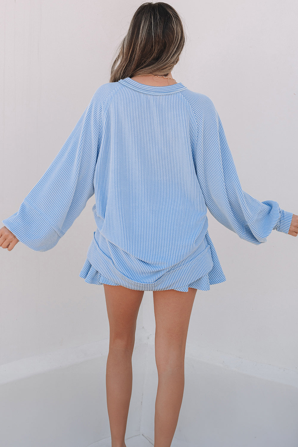 Corded Lantern Sleeve Top High Waist Ruffled Mini Skort Set- Jet Stream, Dark Grey, Sky Blue, Mist Green