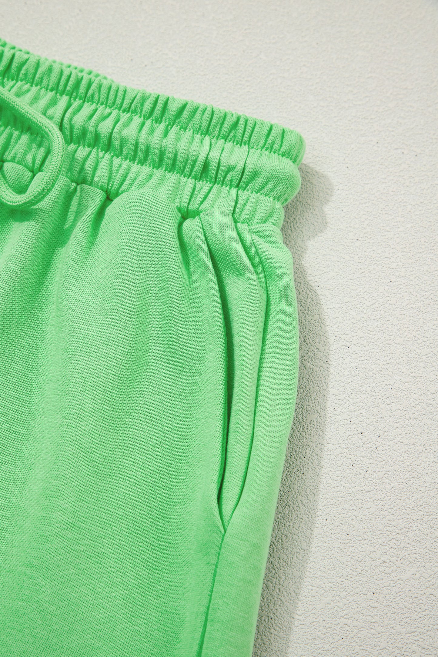 Green Solid Color Puffy Loose Top Drawstring Shorts 2pcs Outfit