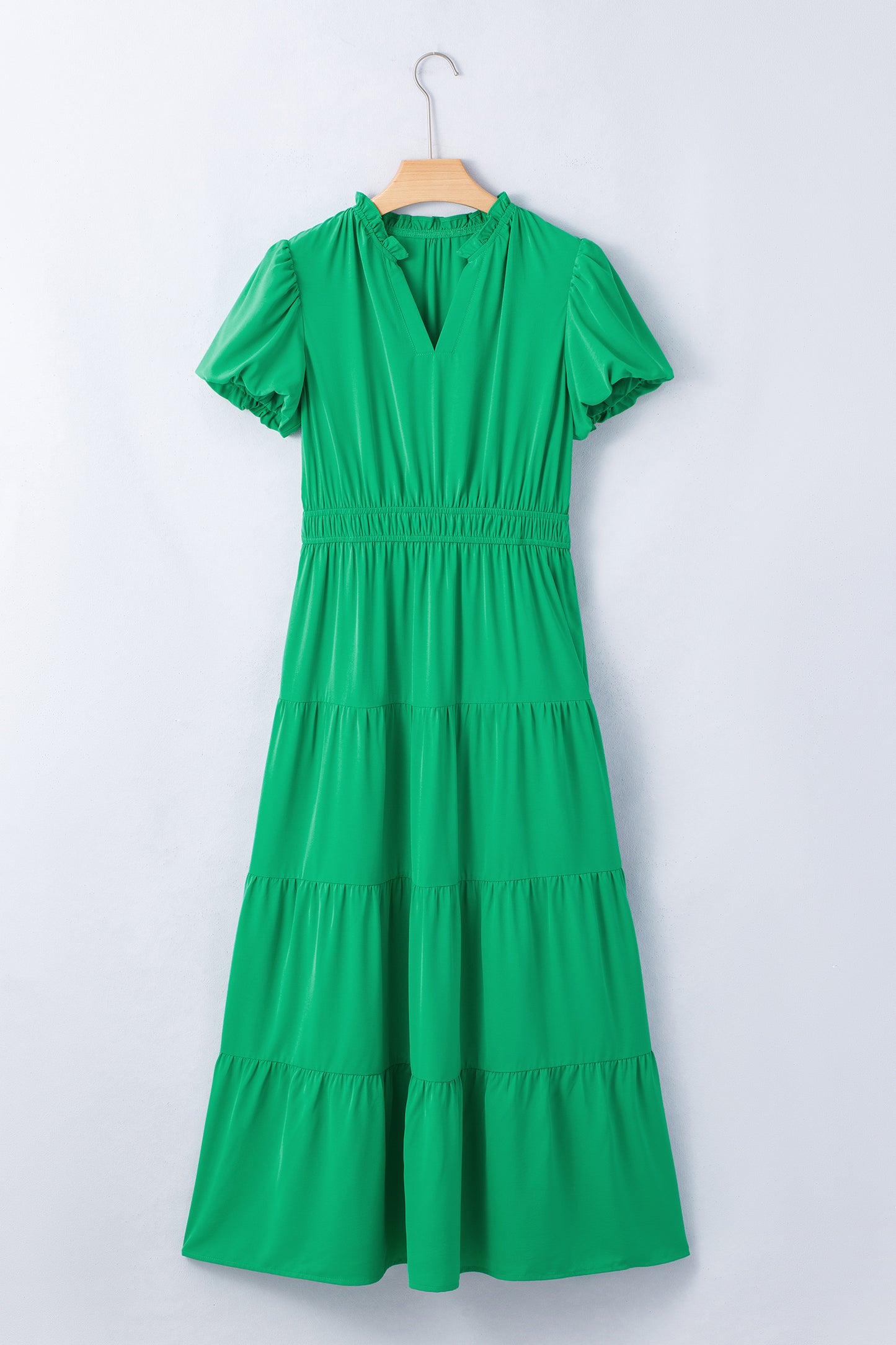 Gossamer Pink Solid Color V Neck Short Puff Sleeve High Waist Tiered Maxi Dress