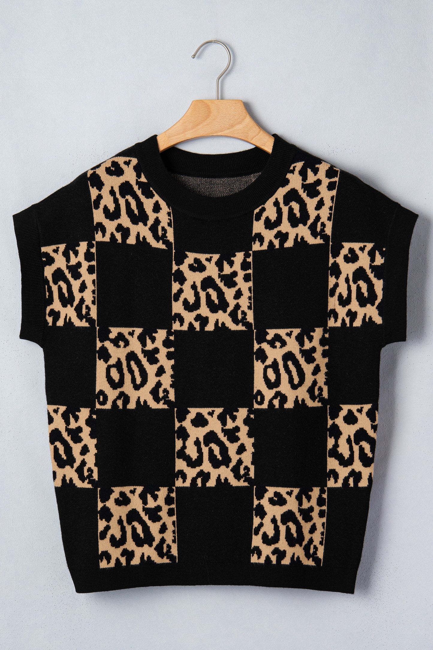 Red Leopard Checkerboard Short Sleeve Knit Sweater