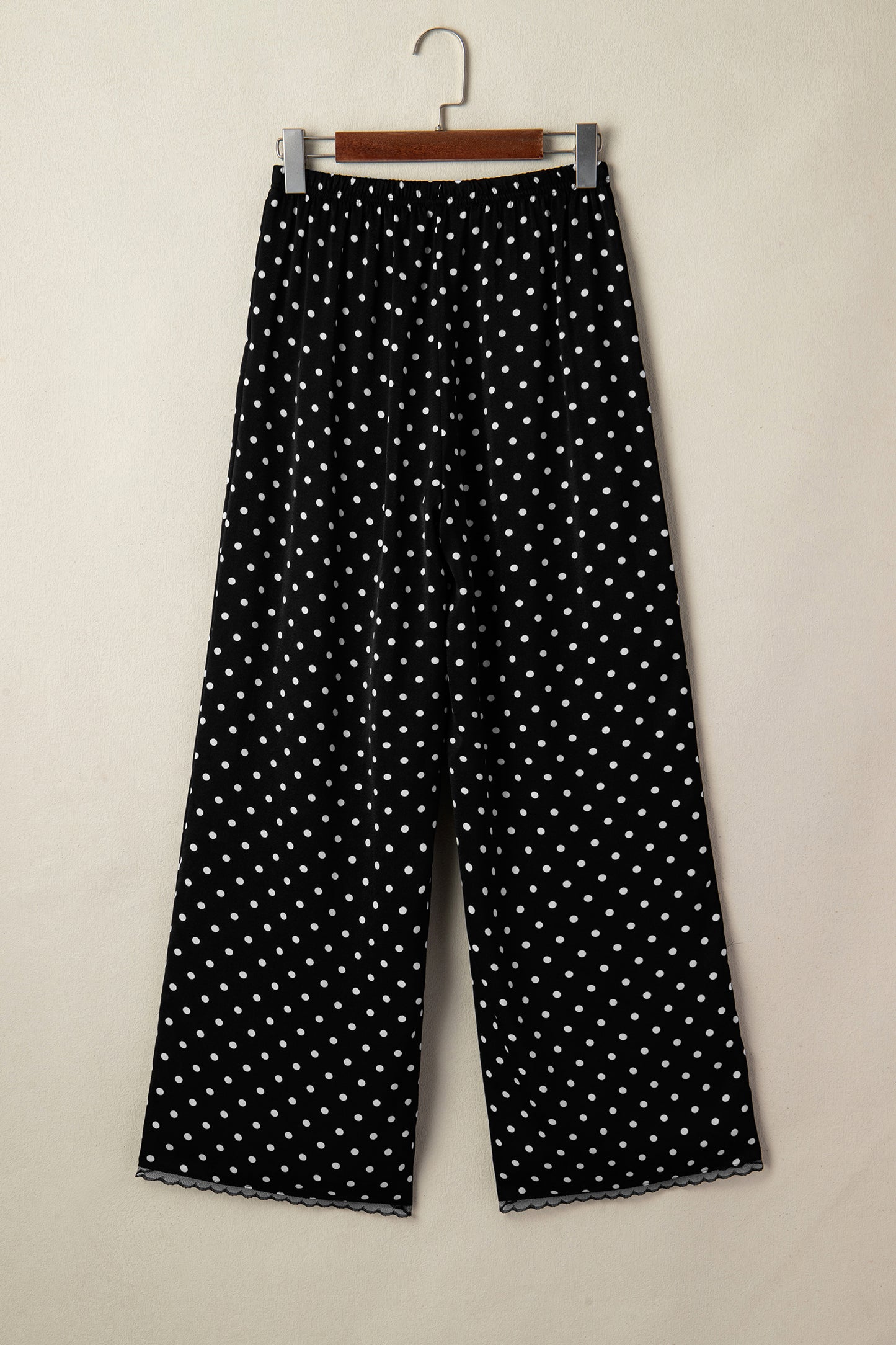 Black Polka Dot Print Elastic Waist Lace Hem Loose Pants