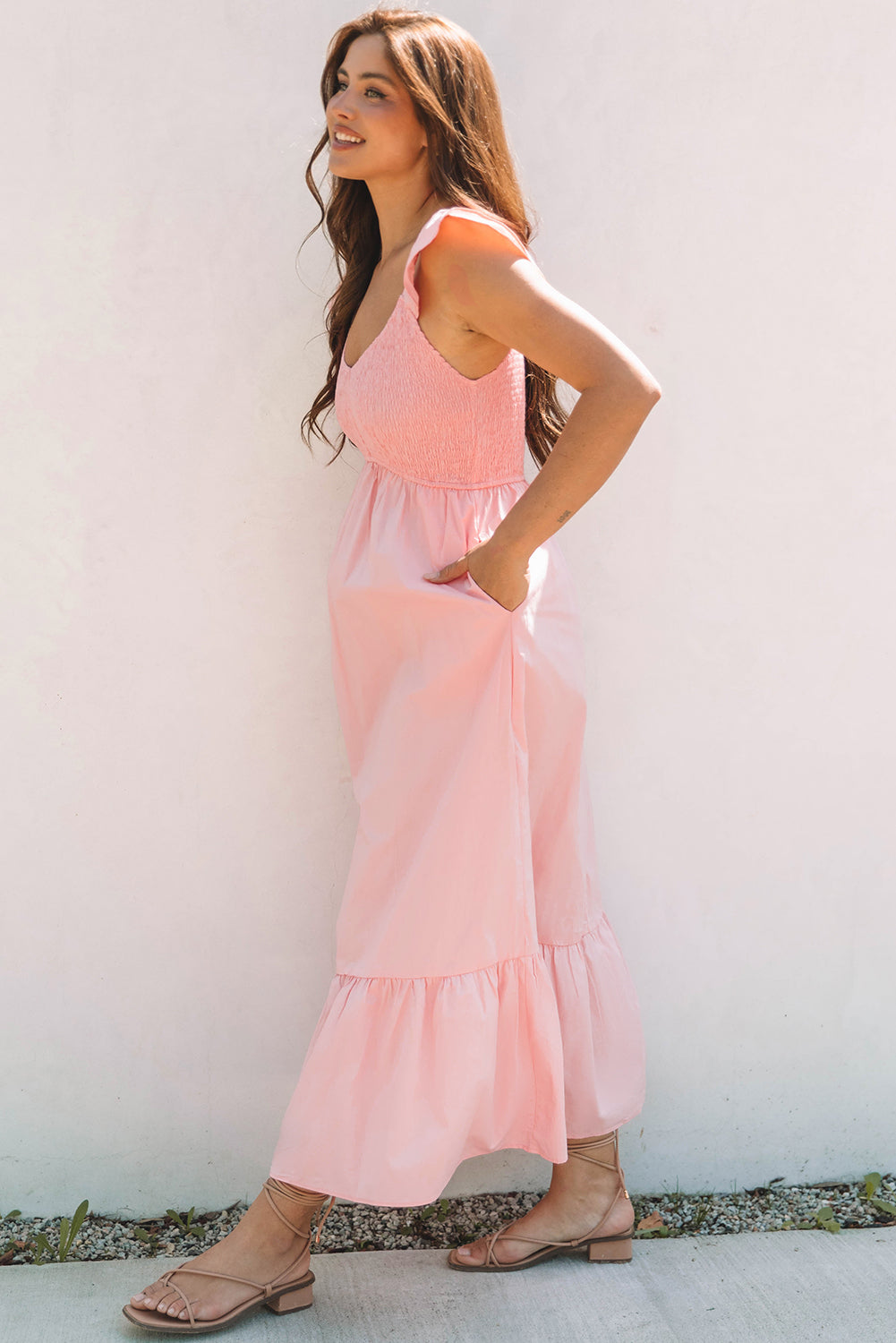 Black V Neck Flutter Sleeve Smocked Bodice High Waist Ruffle Maxi Dress