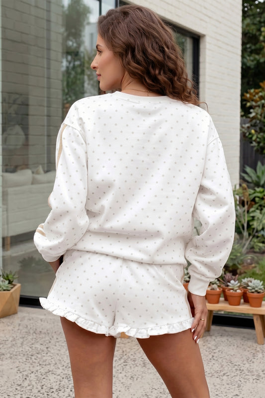 White Polka Dot Print Side Stripe Detail Casual Sweatshirt 2pcs Short Set