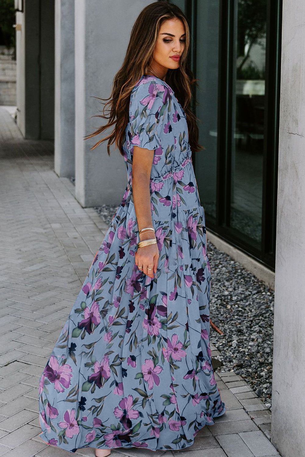 Black Fiery Floral Print Frilled V Neck Short Sleeve Maxi Dress