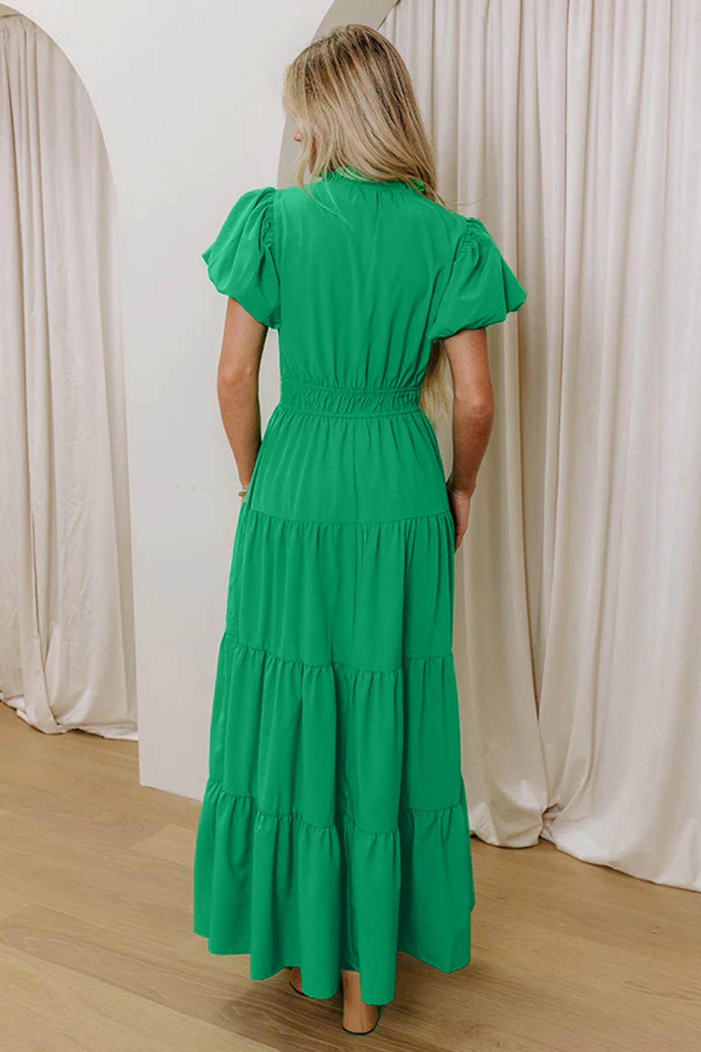 Gossamer Pink Solid Color V Neck Short Puff Sleeve High Waist Tiered Maxi Dress