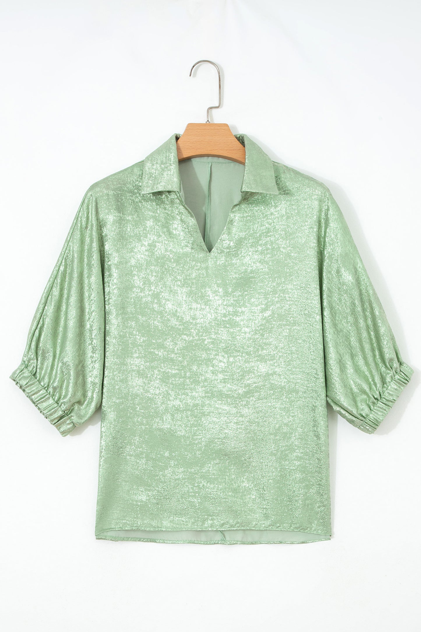 Strawberry Pink Collared V Neck Half Sleeve Metallic Top