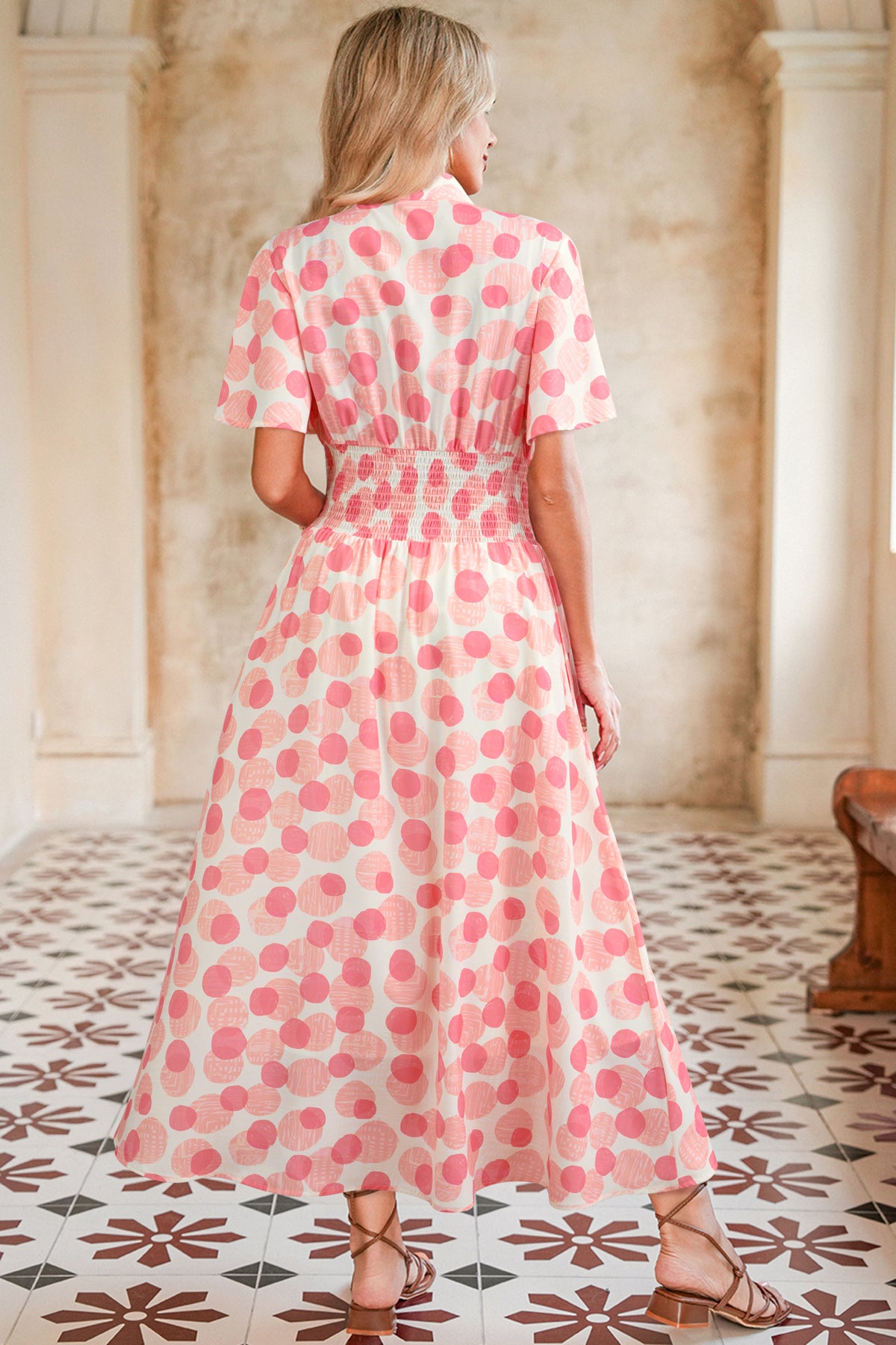 Pink Polka Dot Printed Ruffle Short Sleeve Zip Up Long Dress