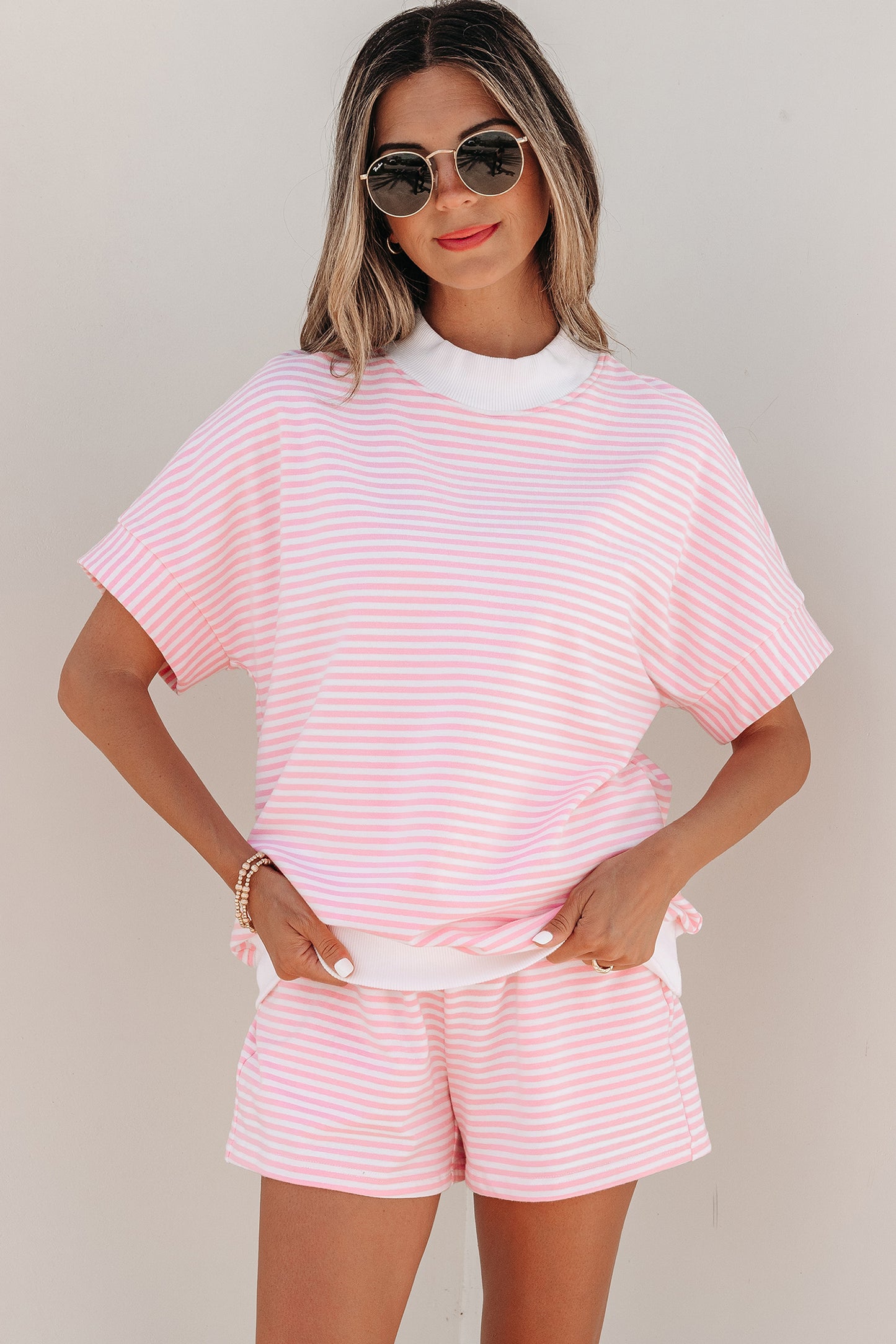 Stripe Cuffed Sleeve Contrast Mock Neck Tee Casual 2pcs Short Set