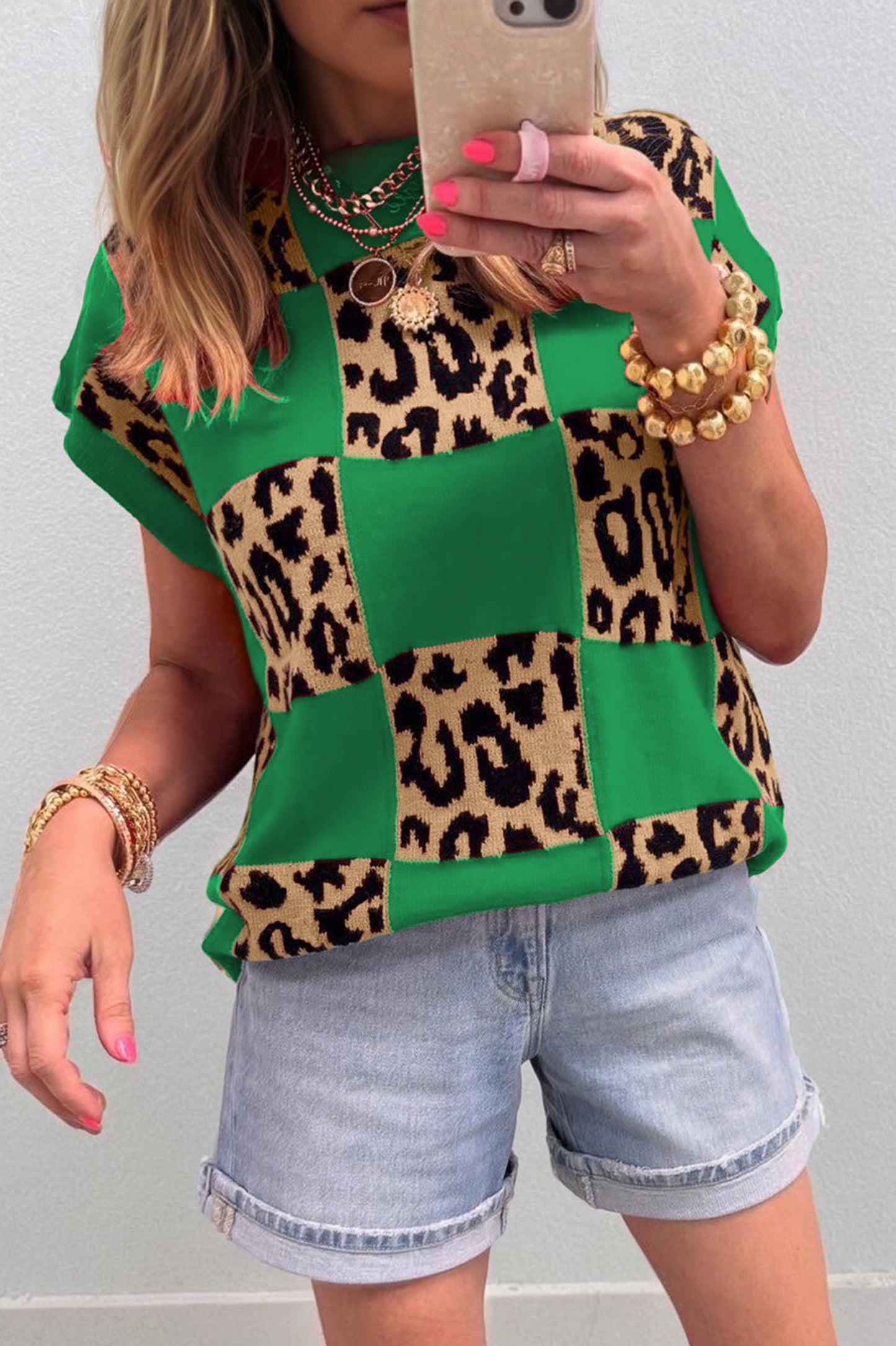 Red Leopard Checkerboard Short Sleeve Knit Sweater