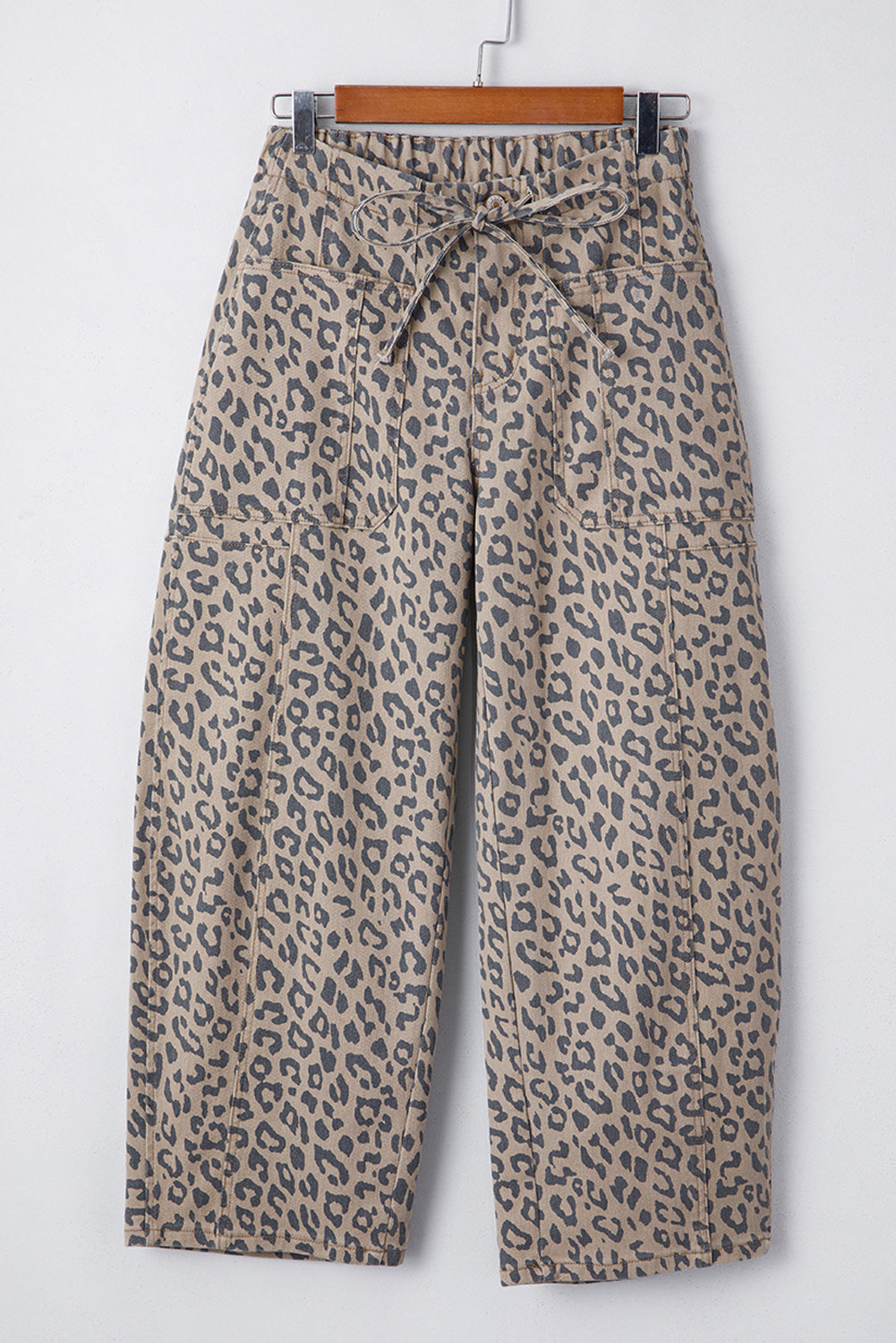 Leopard Printed Drawstring Elastic Waistband Pocketed Barrel Jeans- Khaki, Blue