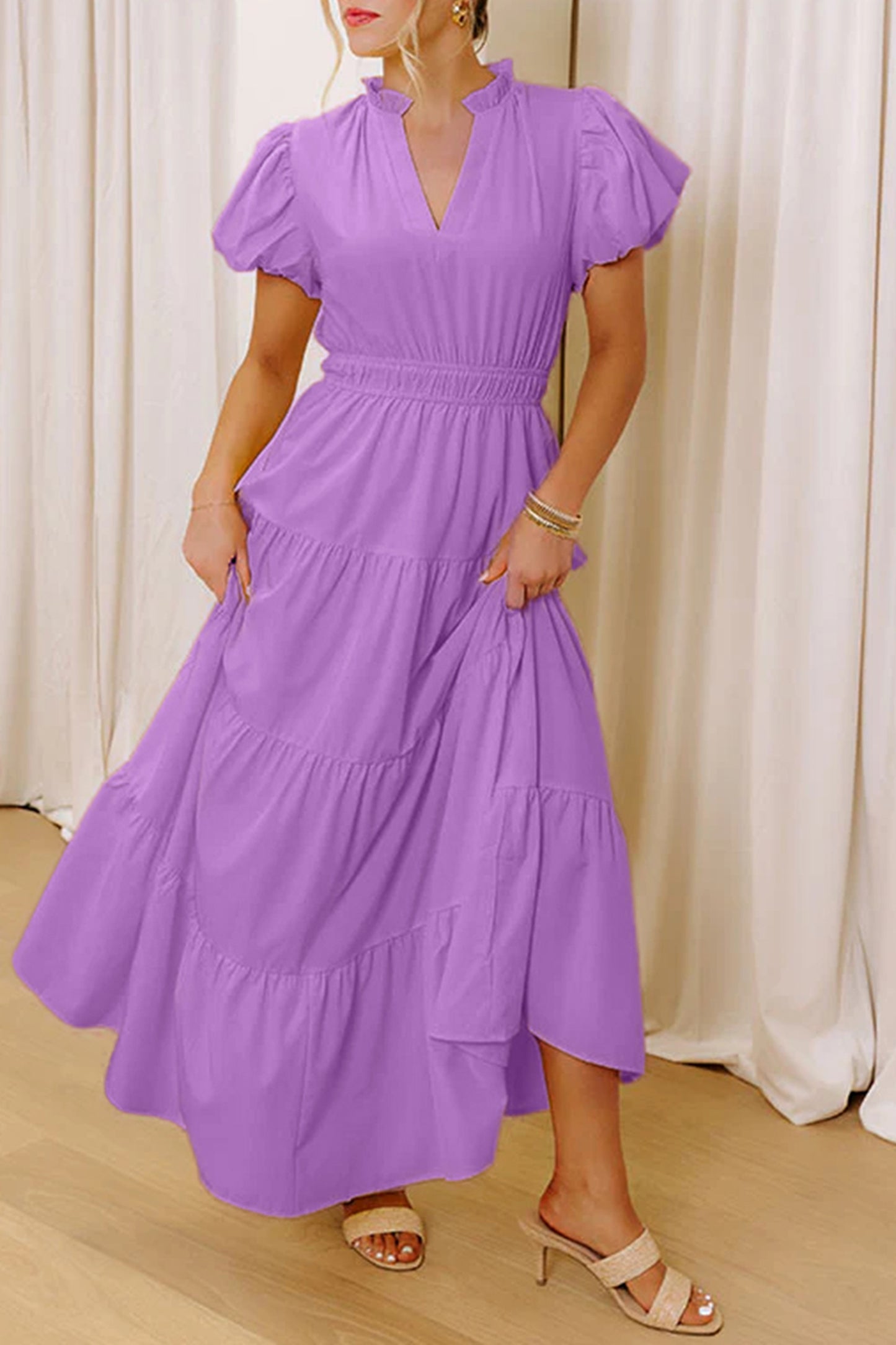 Gossamer Pink Solid Color V Neck Short Puff Sleeve High Waist Tiered Maxi Dress