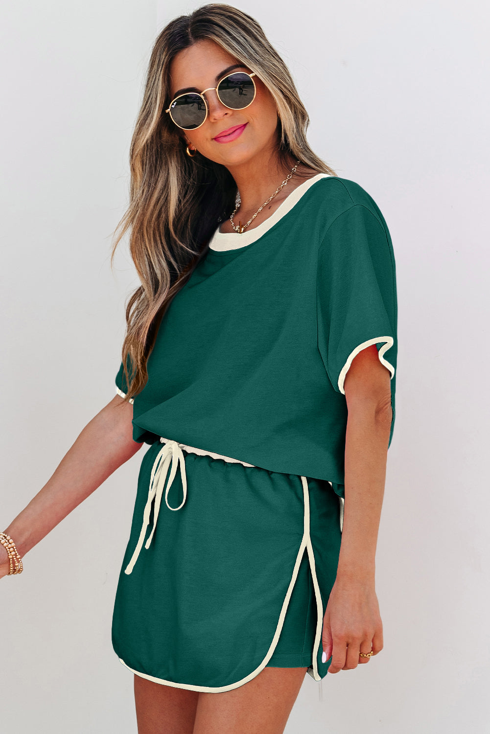 Colorblock Edge Drop Shoulder T Shirt and Skort 2Pcs Set- Turquoise, Evergreen, Bonbon