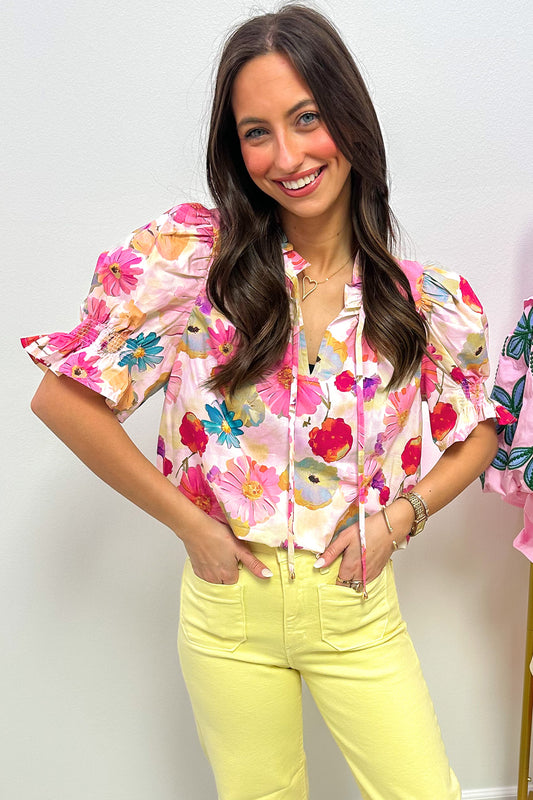 Beige Vibrant Summer Floral Tie V Neck Short Puff Sleeve Blouse