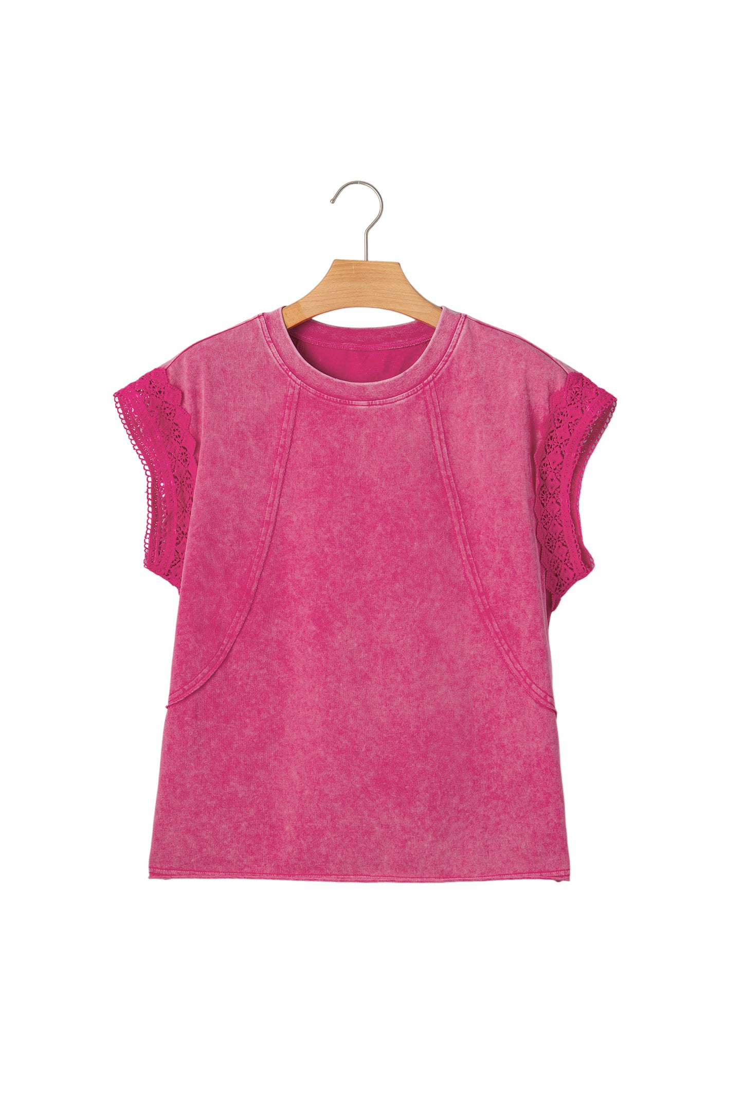 Pink Mineral Wash Raw Seam Detail Lace Trim Cap Sleeve Top