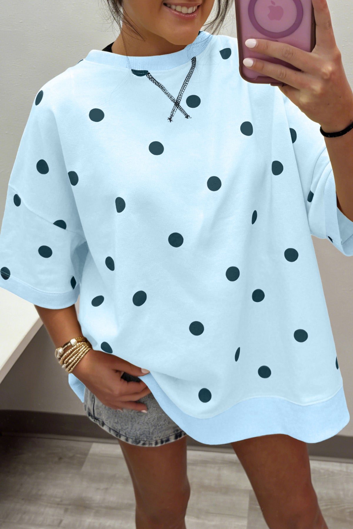 Polka Dot Print Crossed Seam Detail Oversize Tee