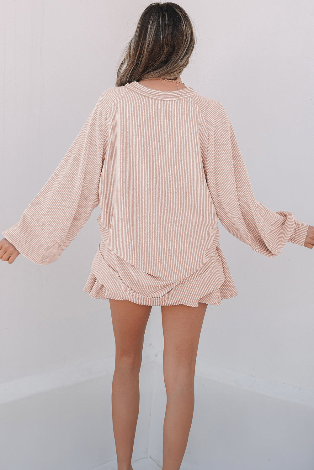 Corded Lantern Sleeve Top High Waist Ruffled Mini Skort Set- Jet Stream, Dark Grey, Sky Blue, Mist Green