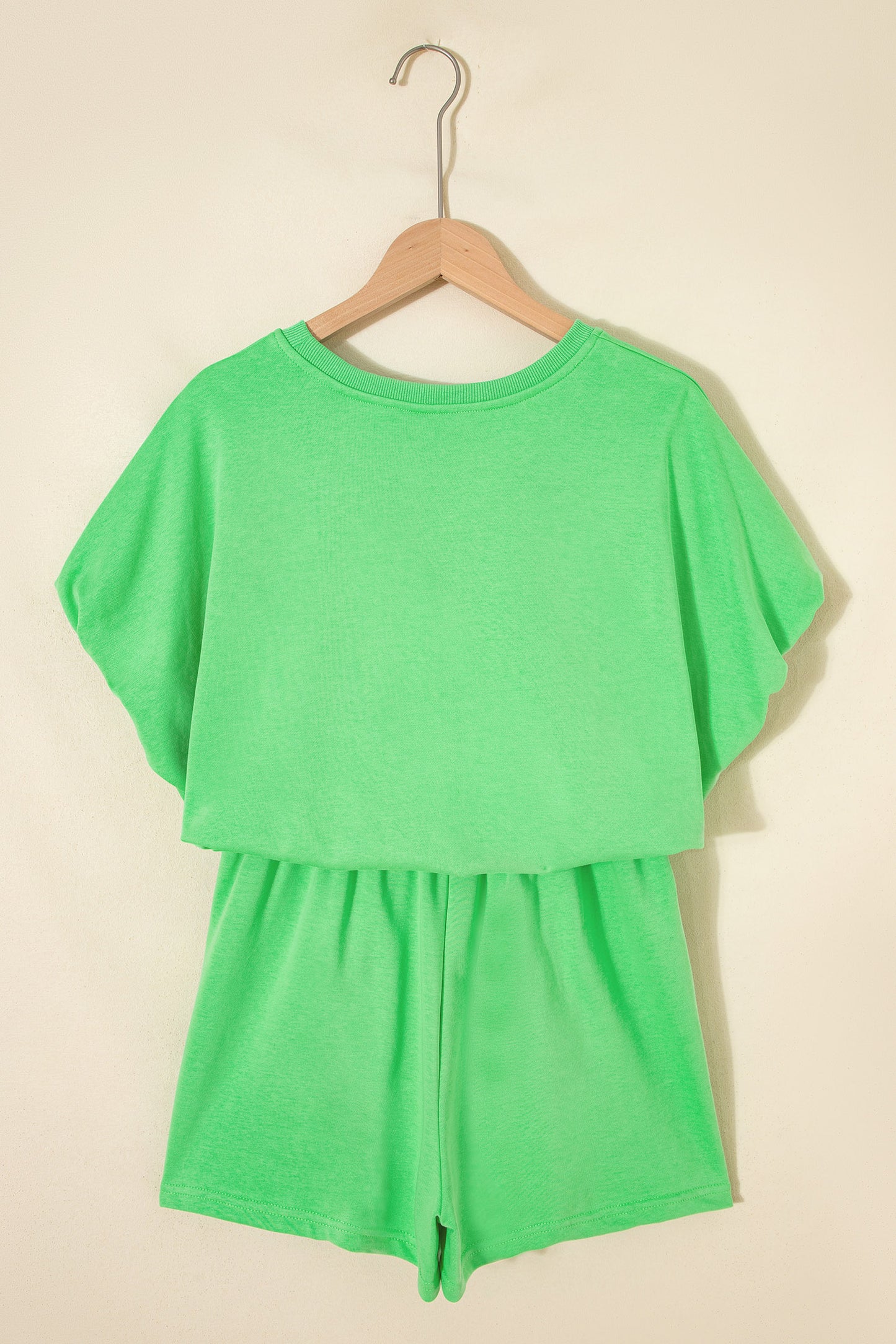 Green Solid Color Puffy Loose Top Drawstring Shorts 2pcs Outfit