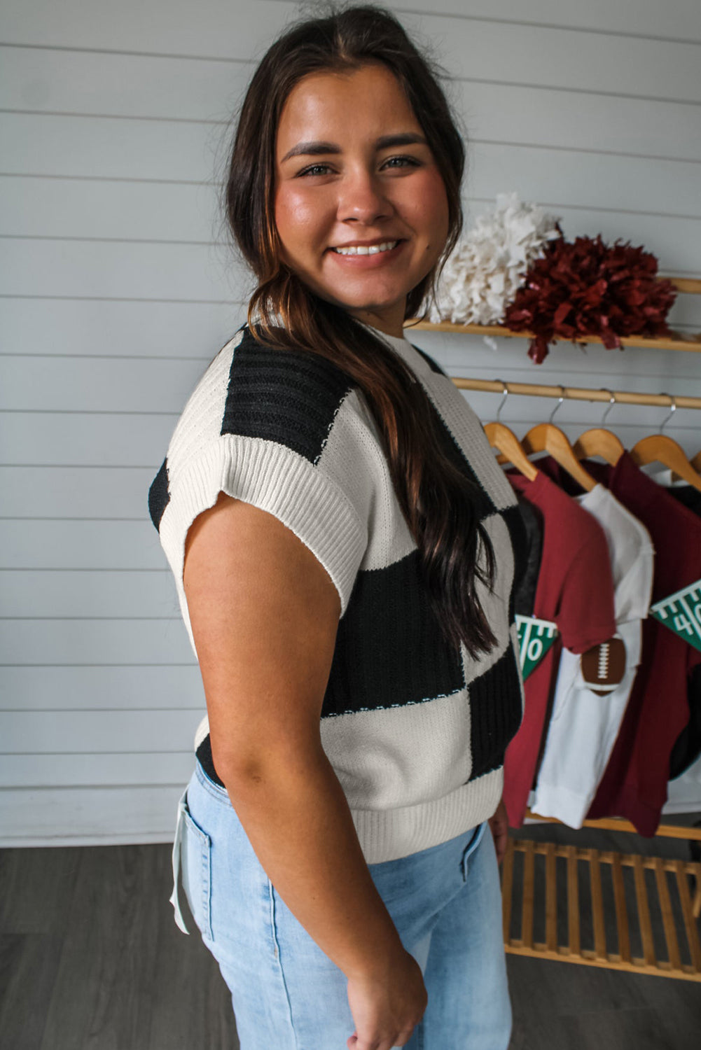 Checkered Color Block Crew Neck Short Sleeve Sweater- Light Blue, Khaki, Black
