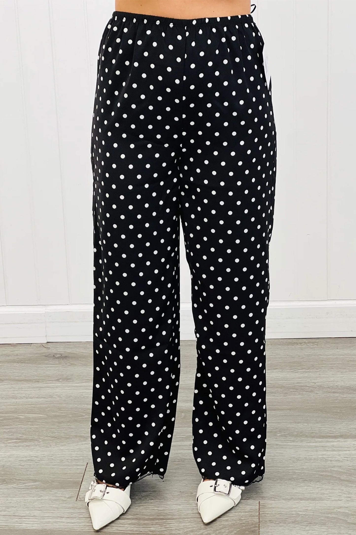 Black Polka Dot Print Elastic Waist Lace Hem Loose Pants