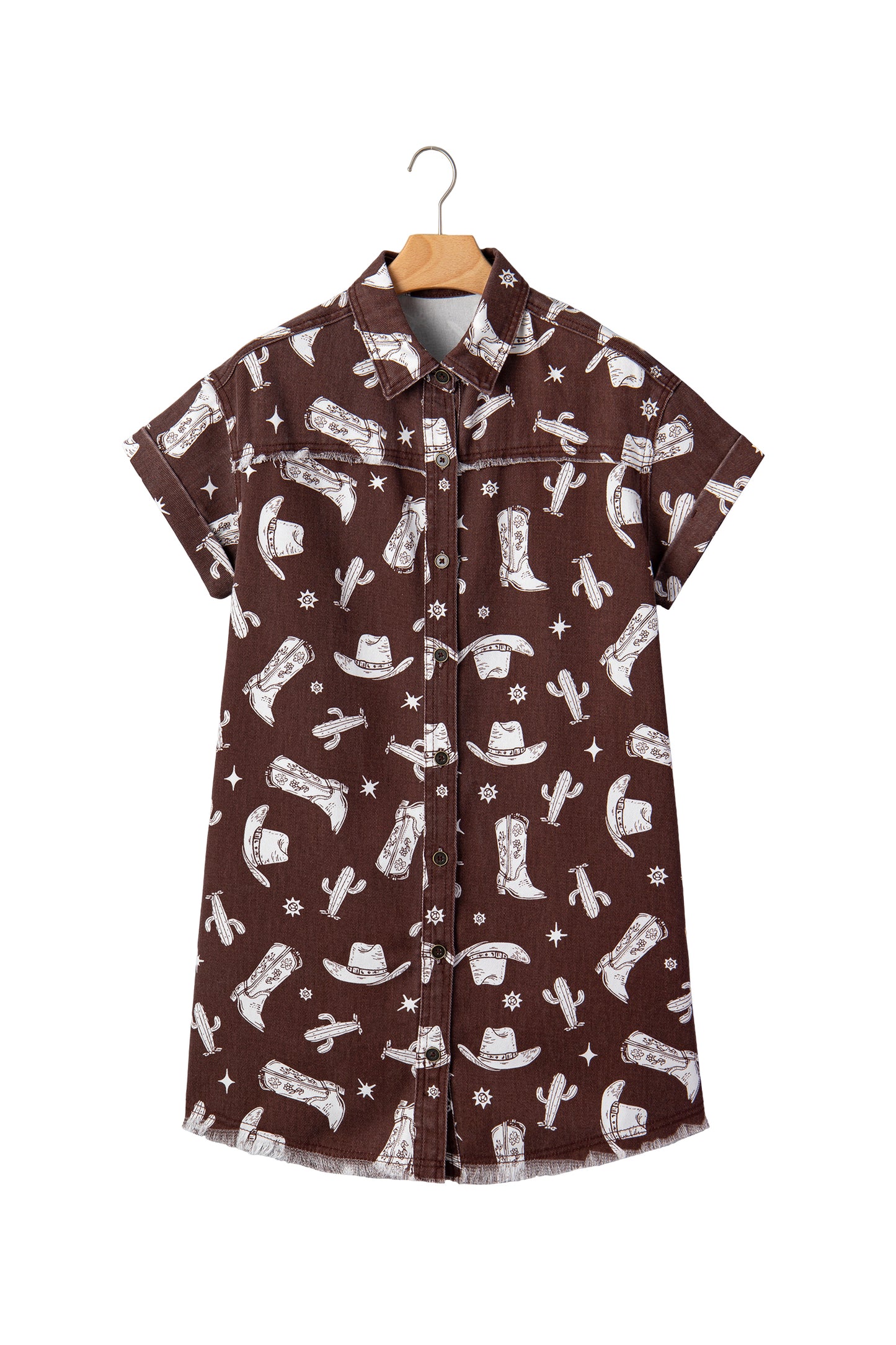 Brown Cowgirl Hats Boots Cactus Print Raw Edge Button Down Short Denim Dress