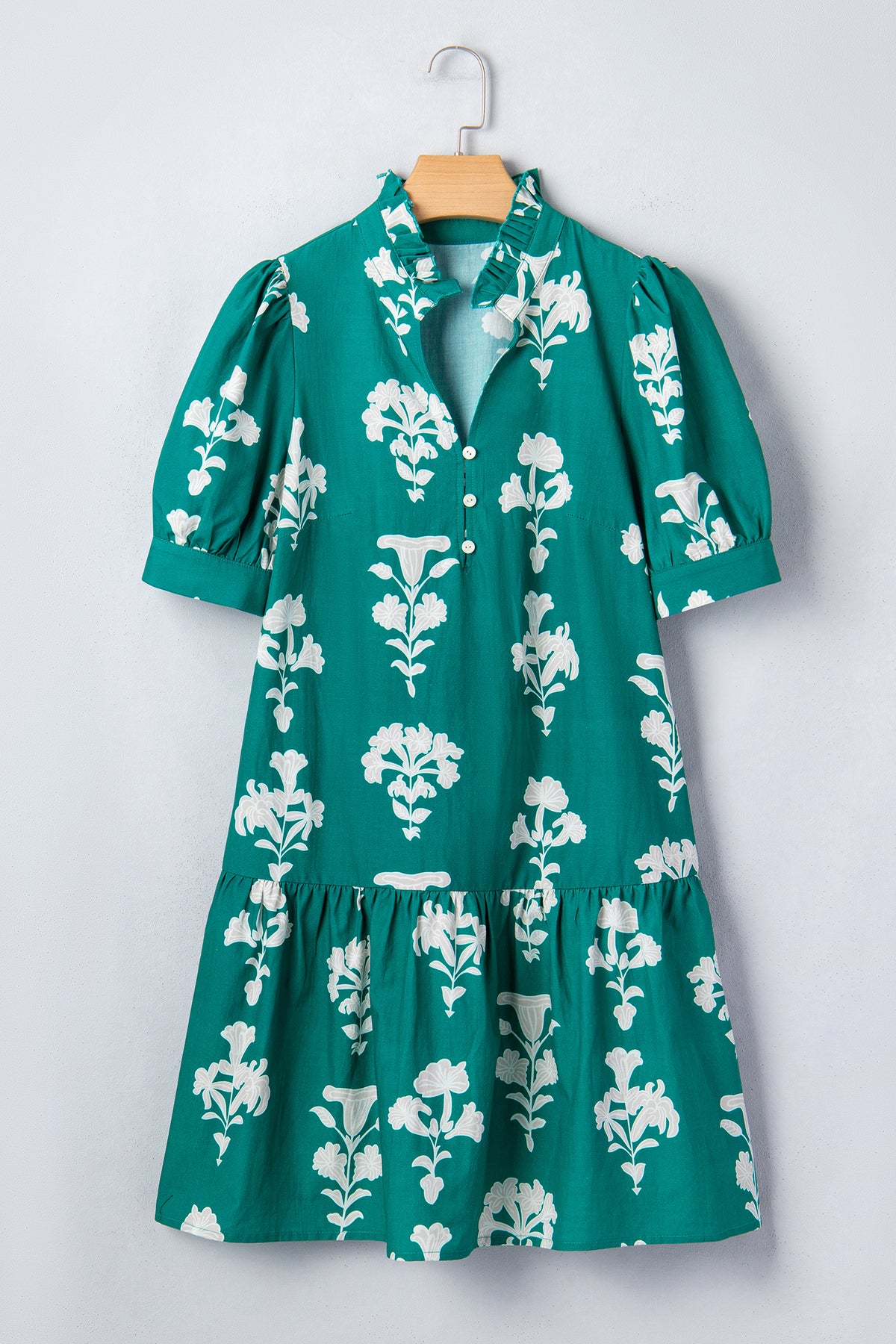 Black Frilled V Neck Puff Short Sleeve Floral Mini Dress