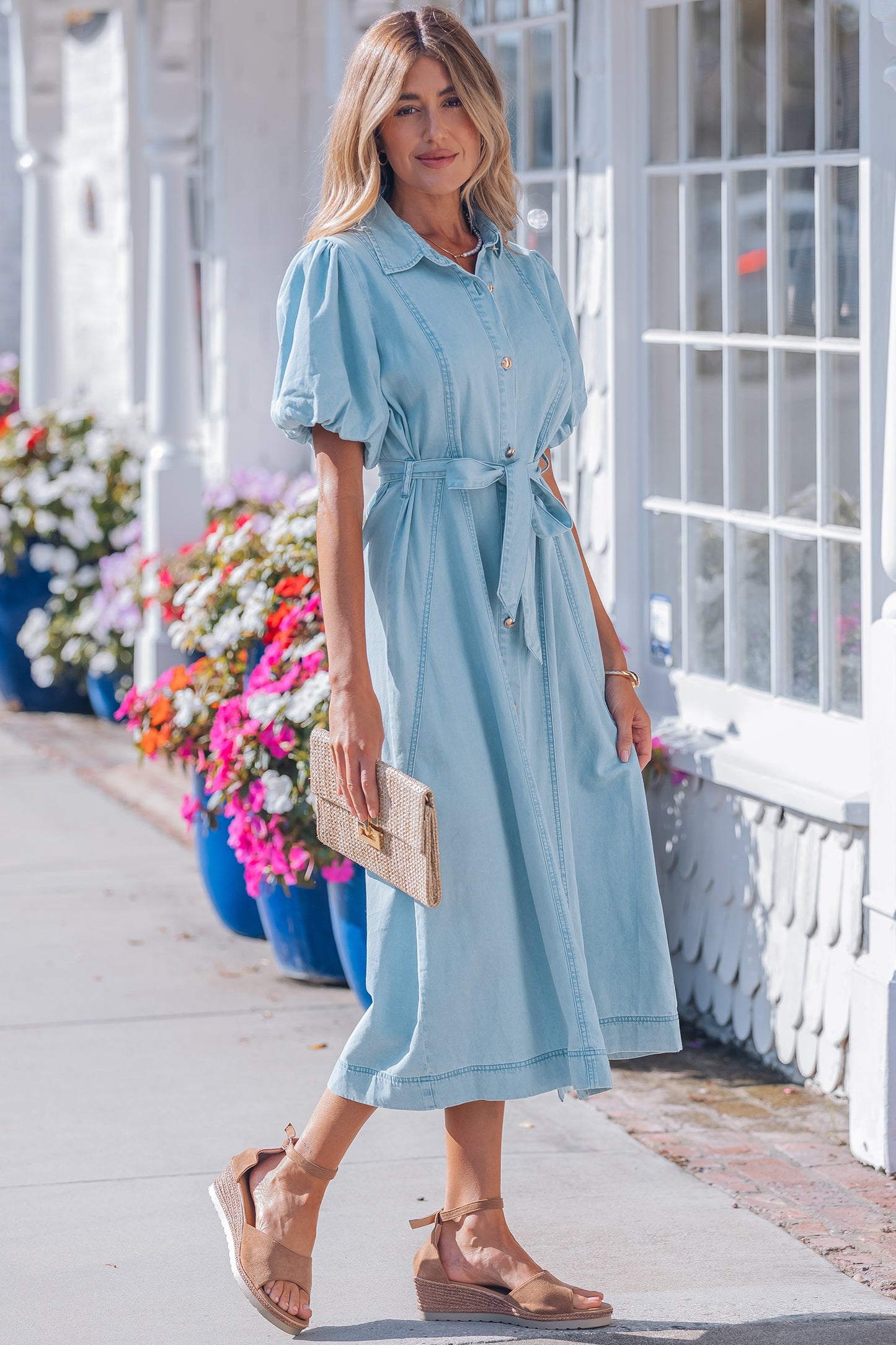 Beau Blue Full Buttons Collared Short Bubble Sleeve Long Denim Dress