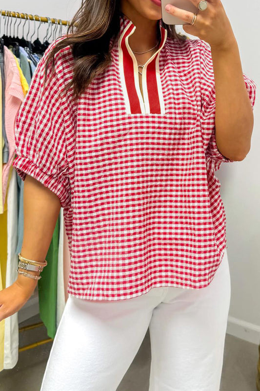 Red Plaid Short Sleeve Colorblock Trim Split Neck Blouse