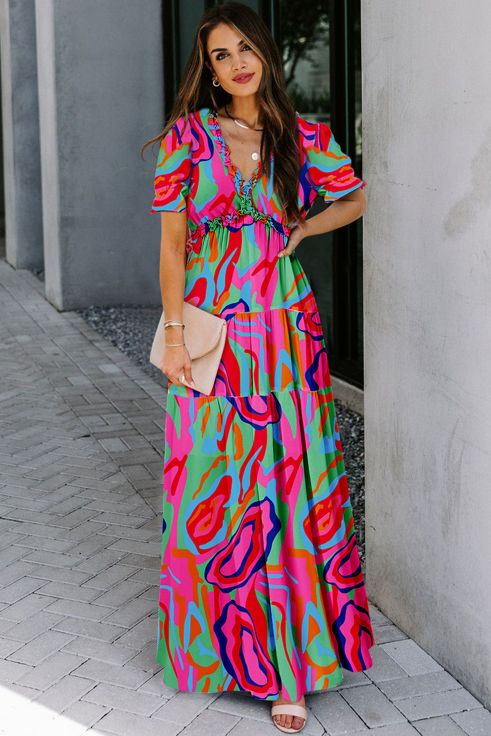Black Fiery Floral Print Frilled V Neck Short Sleeve Maxi Dress