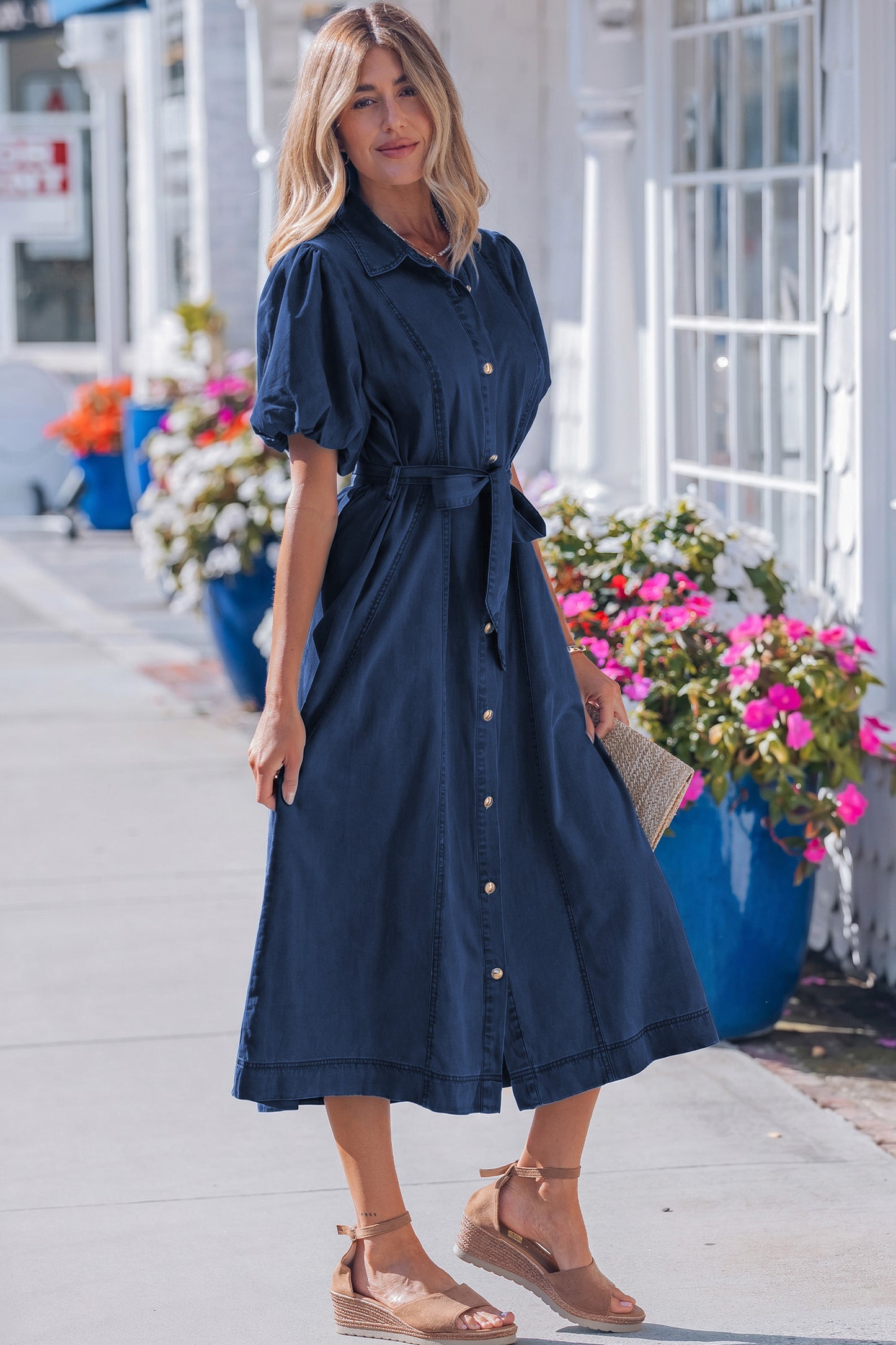 Beau Blue Full Buttons Collared Short Bubble Sleeve Long Denim Dress