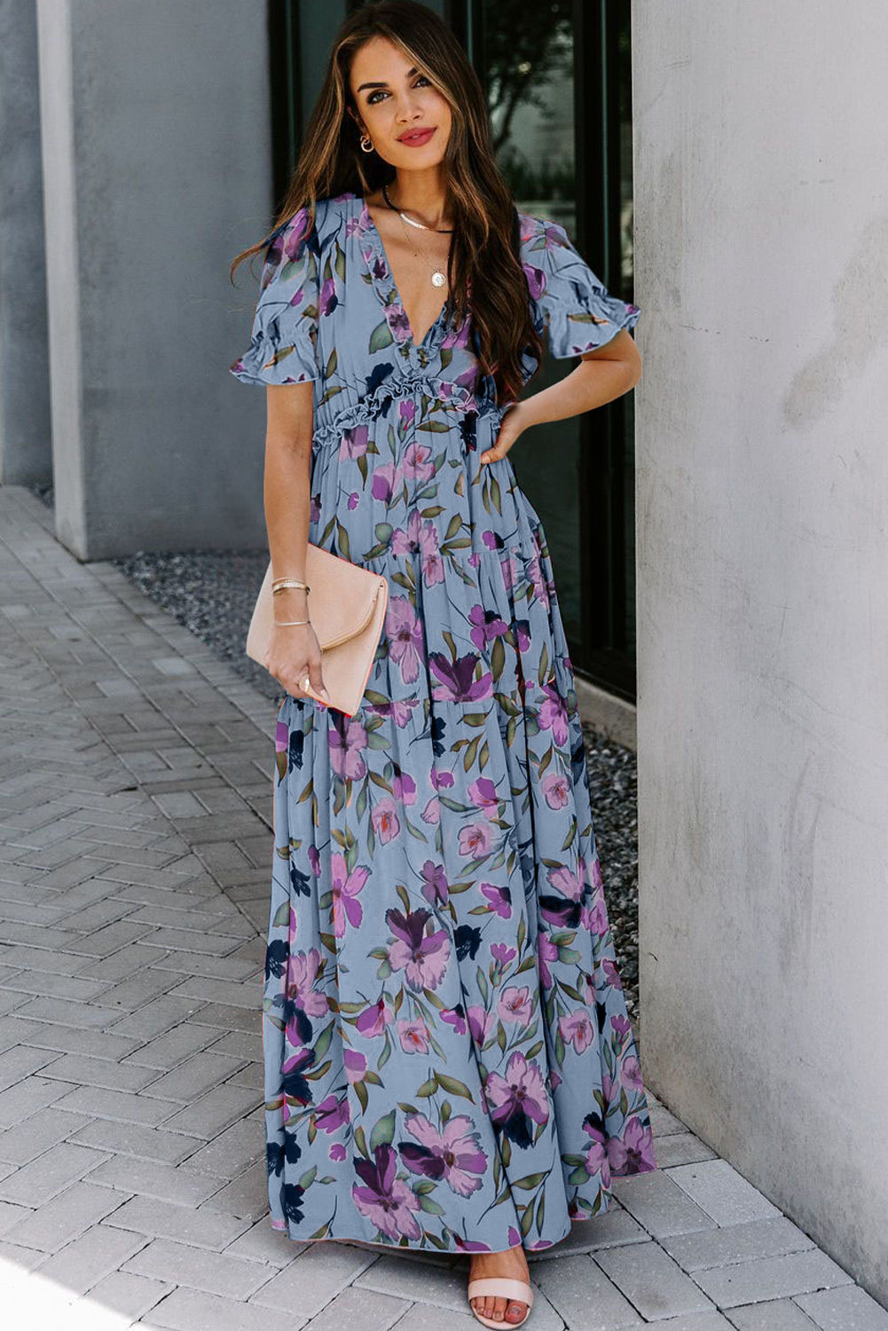 Black Fiery Floral Print Frilled V Neck Short Sleeve Maxi Dress