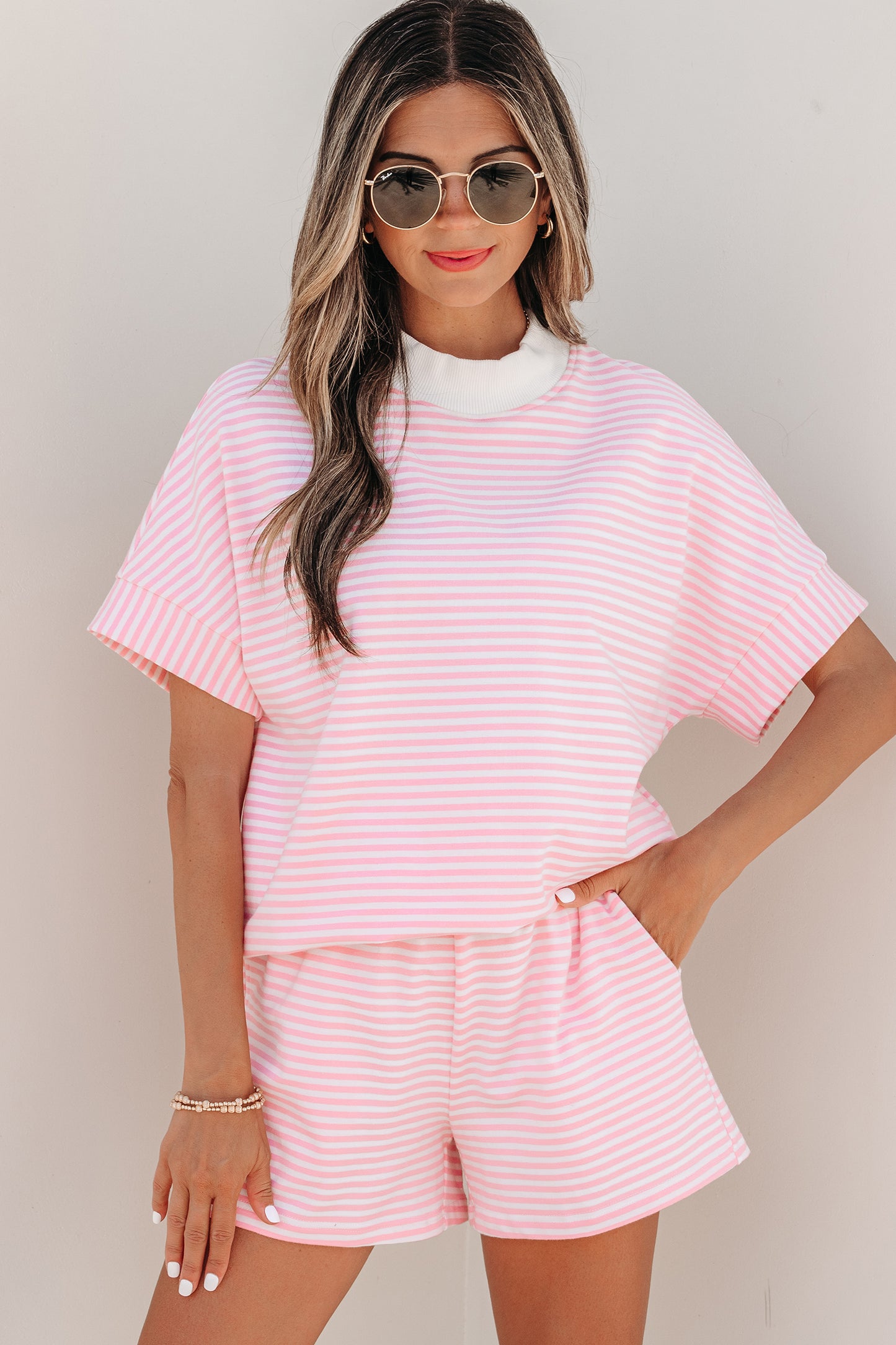 Stripe Cuffed Sleeve Contrast Mock Neck Tee Casual 2pcs Short Set