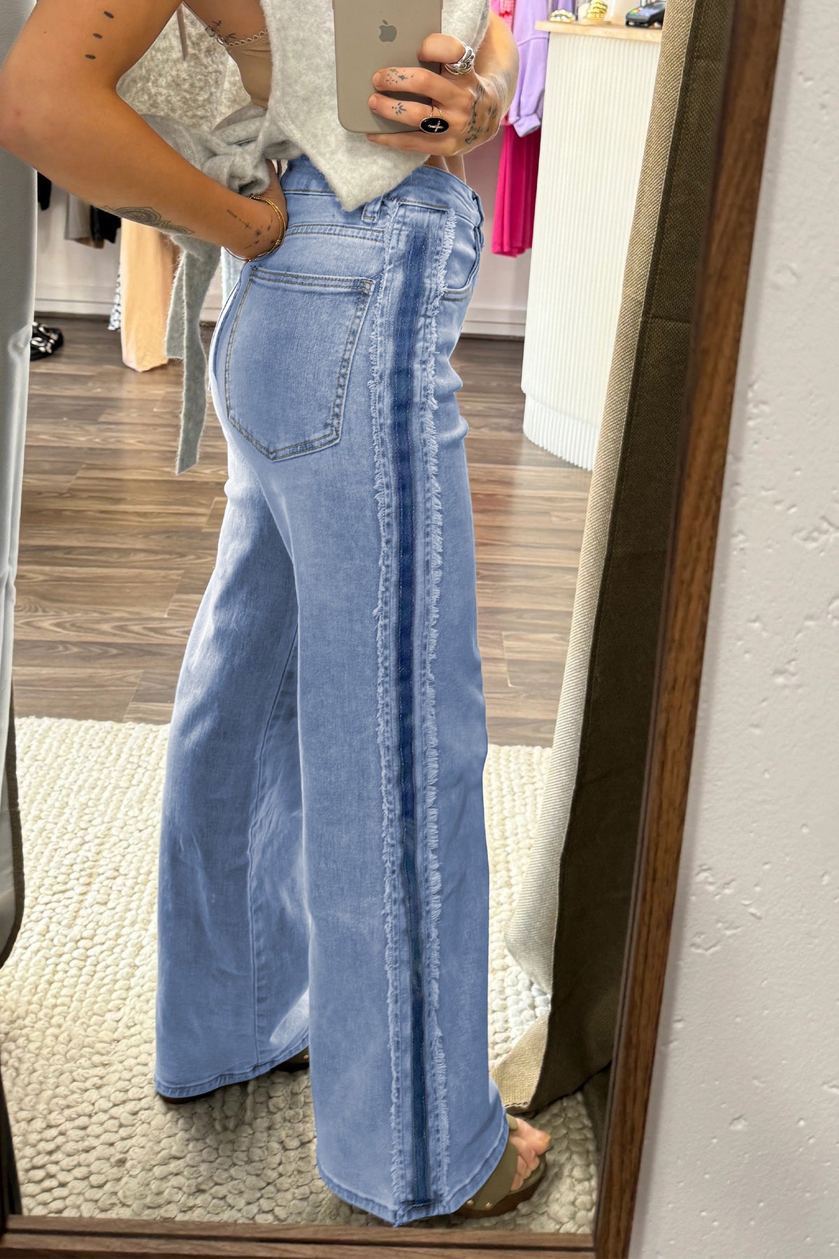 Beau Blue Contrast Stripe Frayed Side Panel Patchwork Shift Jeans