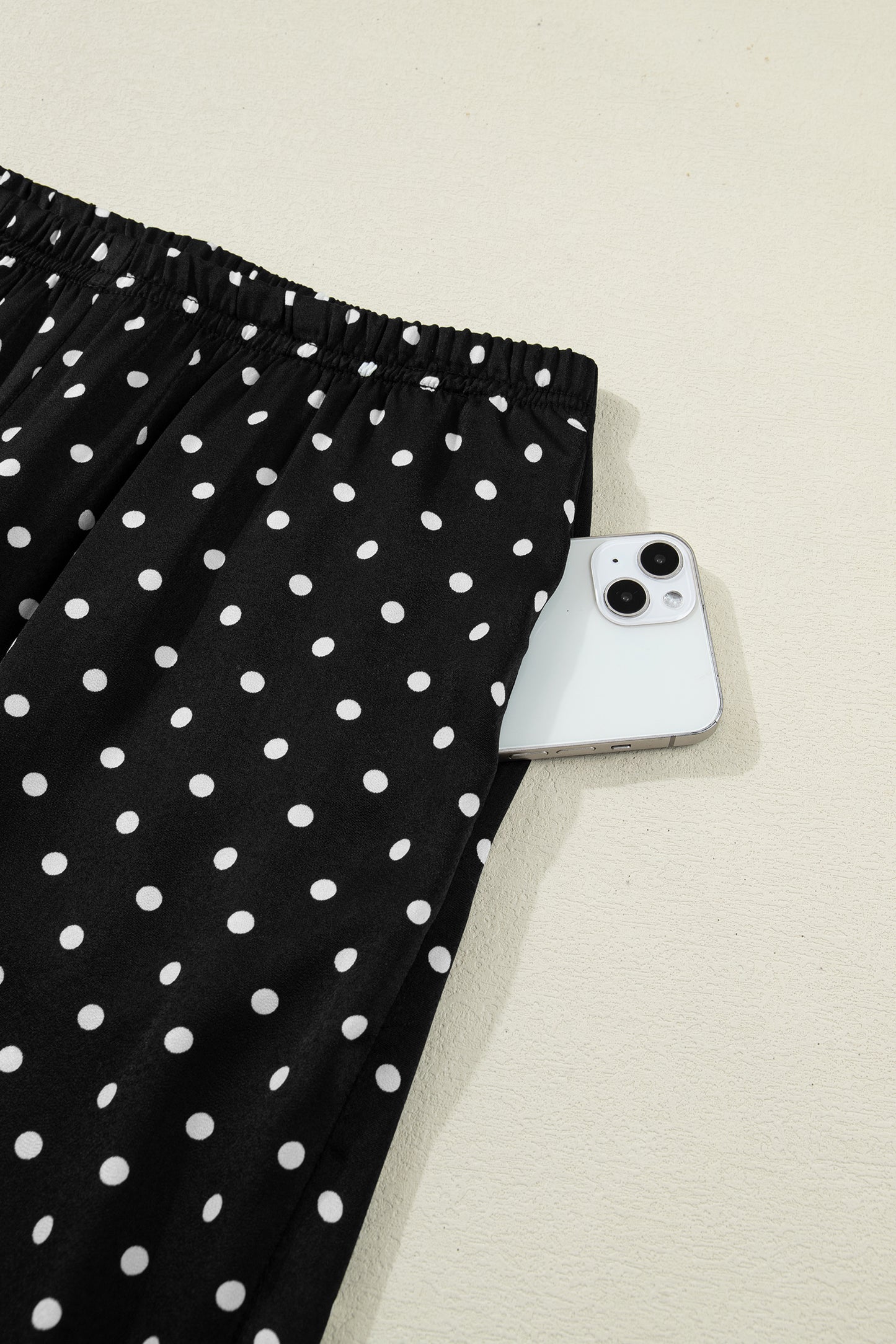 Black Polka Dot Print Elastic Waist Lace Hem Loose Pants