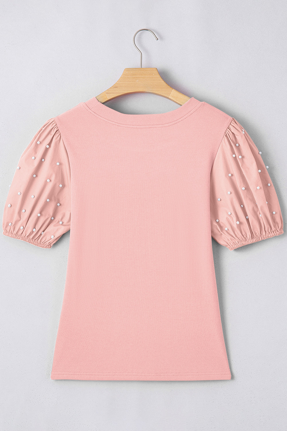 Bright Pink Ribbed Pearl Beaded Puff Sleeve Top