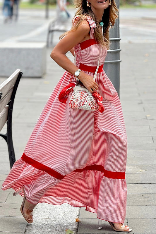 Red Stripe Bow Knot Straps Contrast Trim High Waist Ruffle Hem Maxi Dress