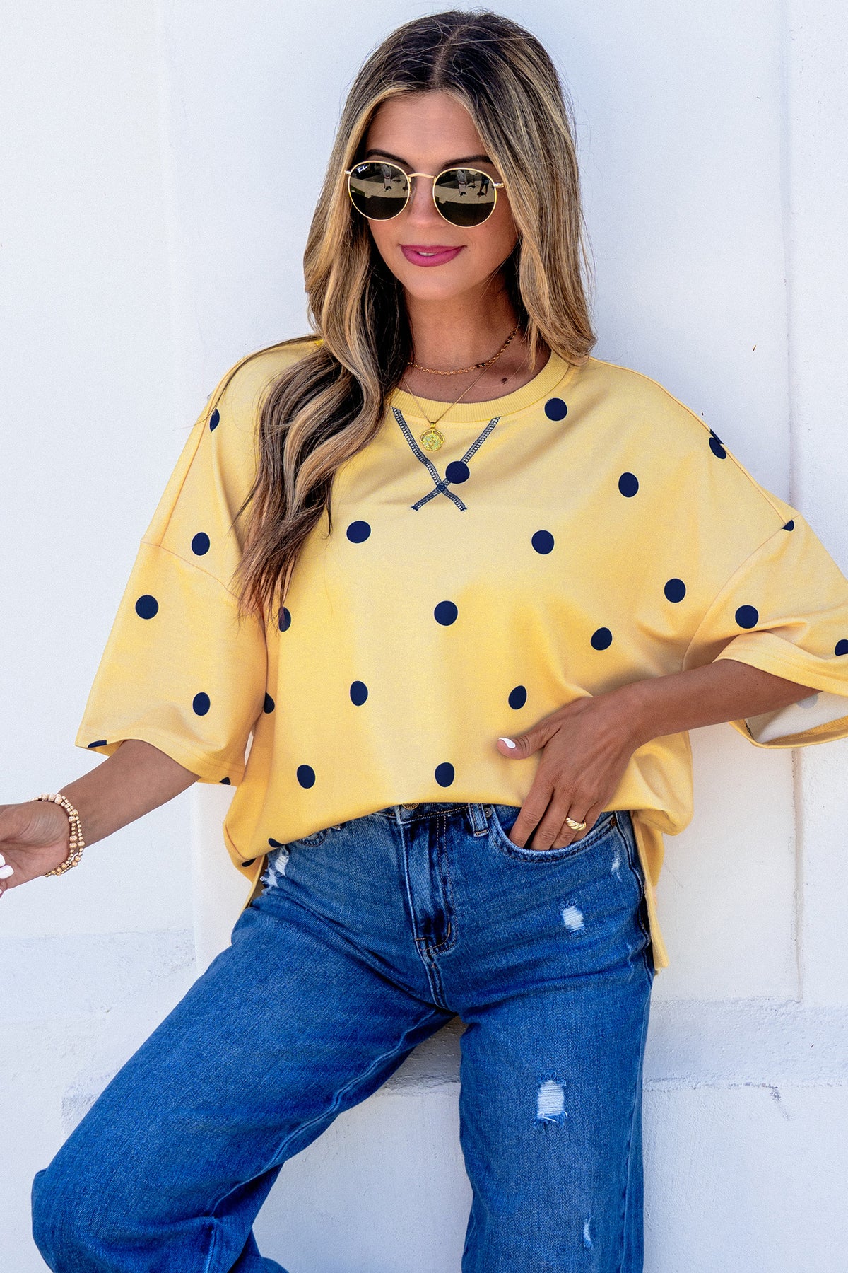 Polka Dot Print Crossed Seam Detail Oversize Tee