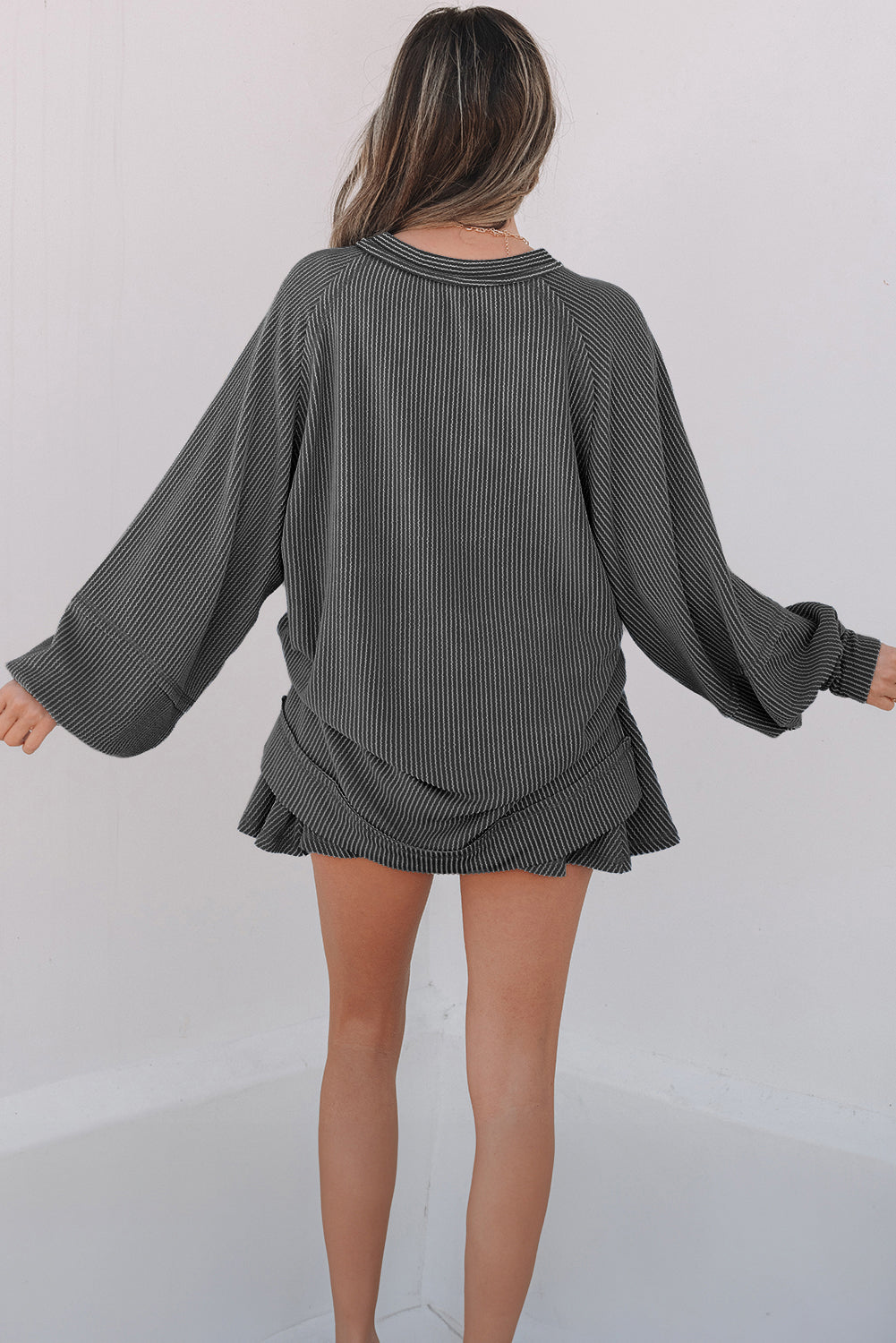 Corded Lantern Sleeve Top High Waist Ruffled Mini Skort Set- Jet Stream, Dark Grey, Sky Blue, Mist Green