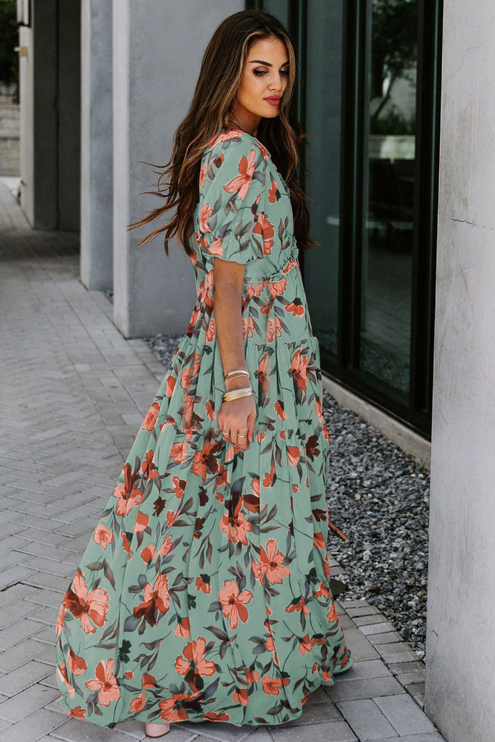 Black Fiery Floral Print Frilled V Neck Short Sleeve Maxi Dress